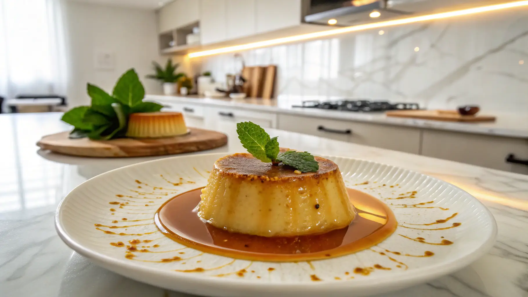 A glossy caramel flan plated with caramel sauce dripping, garnished with mint, in a modern kitchen.