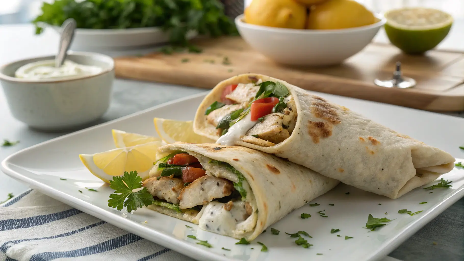 Plated Chicken Shawarma Wrap cut in half showing juicy chicken, fresh vegetables, and garlic sauce inside pita bread, served in a modern kitchen.