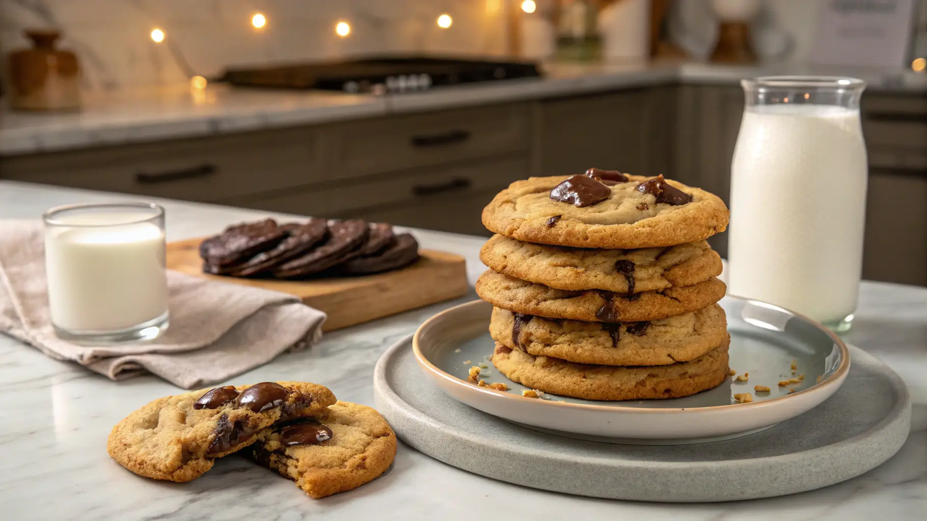 A stack of freshly baked chocolate chip cookies with melted chocolate chips, served on a plate in a modern kitchen with milk.