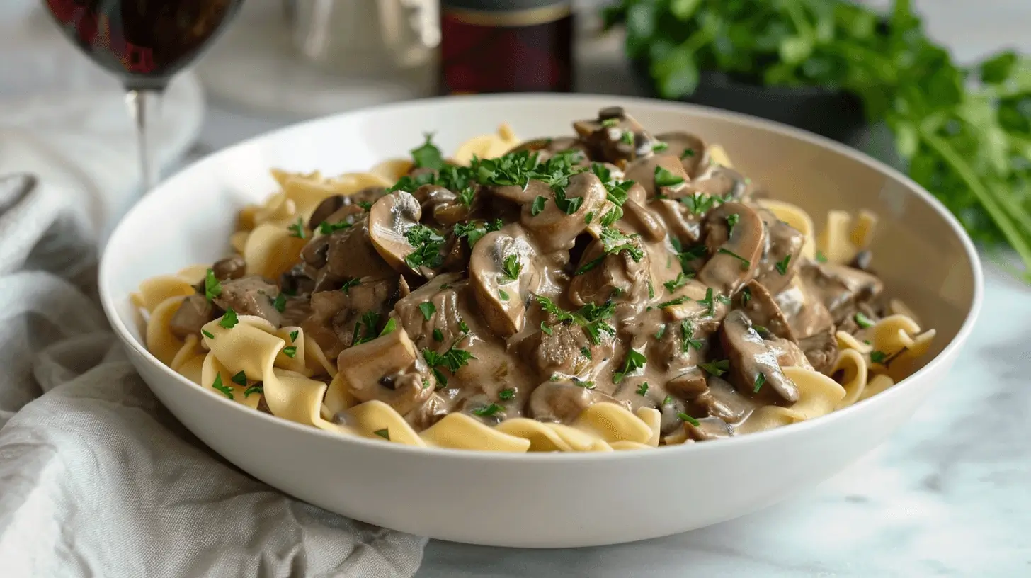 Plated beef stroganoff on egg noodles with parsley garnish, served on a modern kitchen counter with a glass of wine.