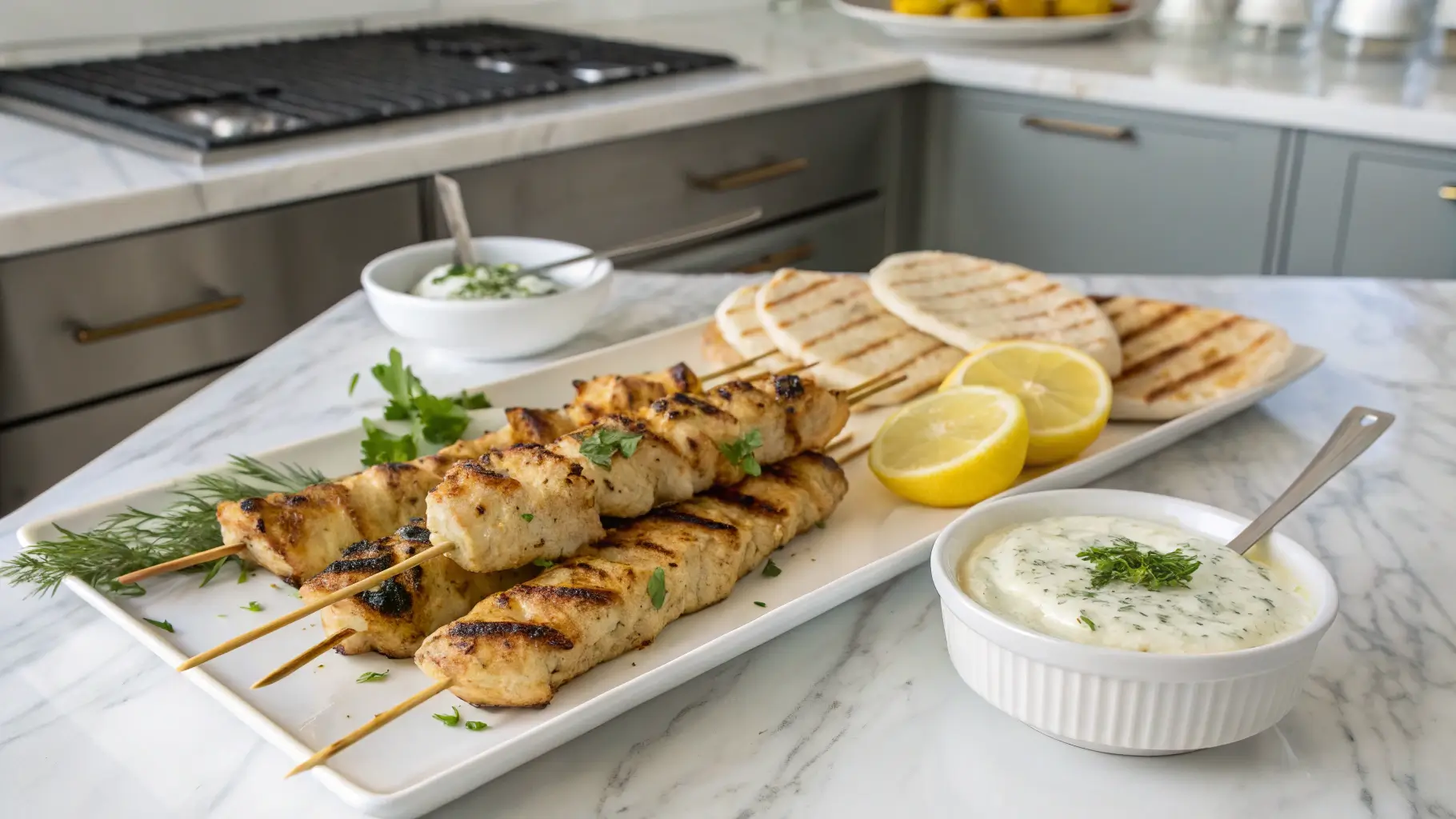 Grilled Greek yogurt marinated chicken skewers served with lemon, herbs, pita bread, and tzatziki in a modern kitchen.