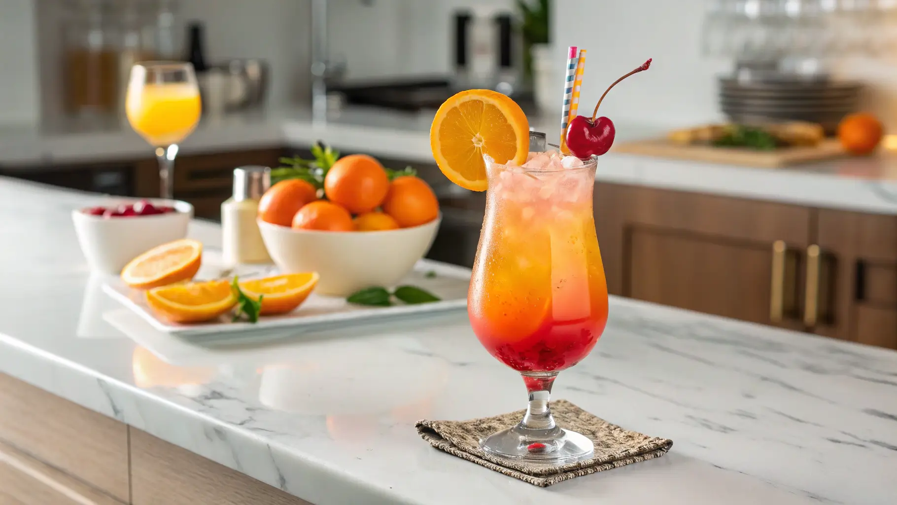 A single Hurricane Cocktail with layered orange and red colors, garnished with an orange slice and cherry, on a marble counter in a modern kitchen.