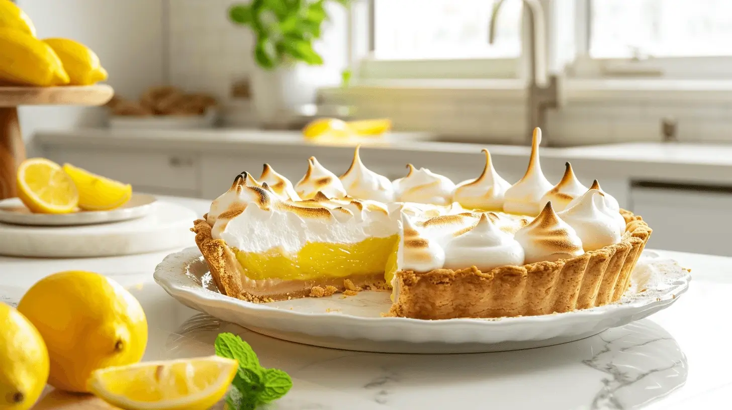 A fully baked lemon meringue pie with golden meringue peaks, served with a removed slice on a marble countertop in a modern kitchen.