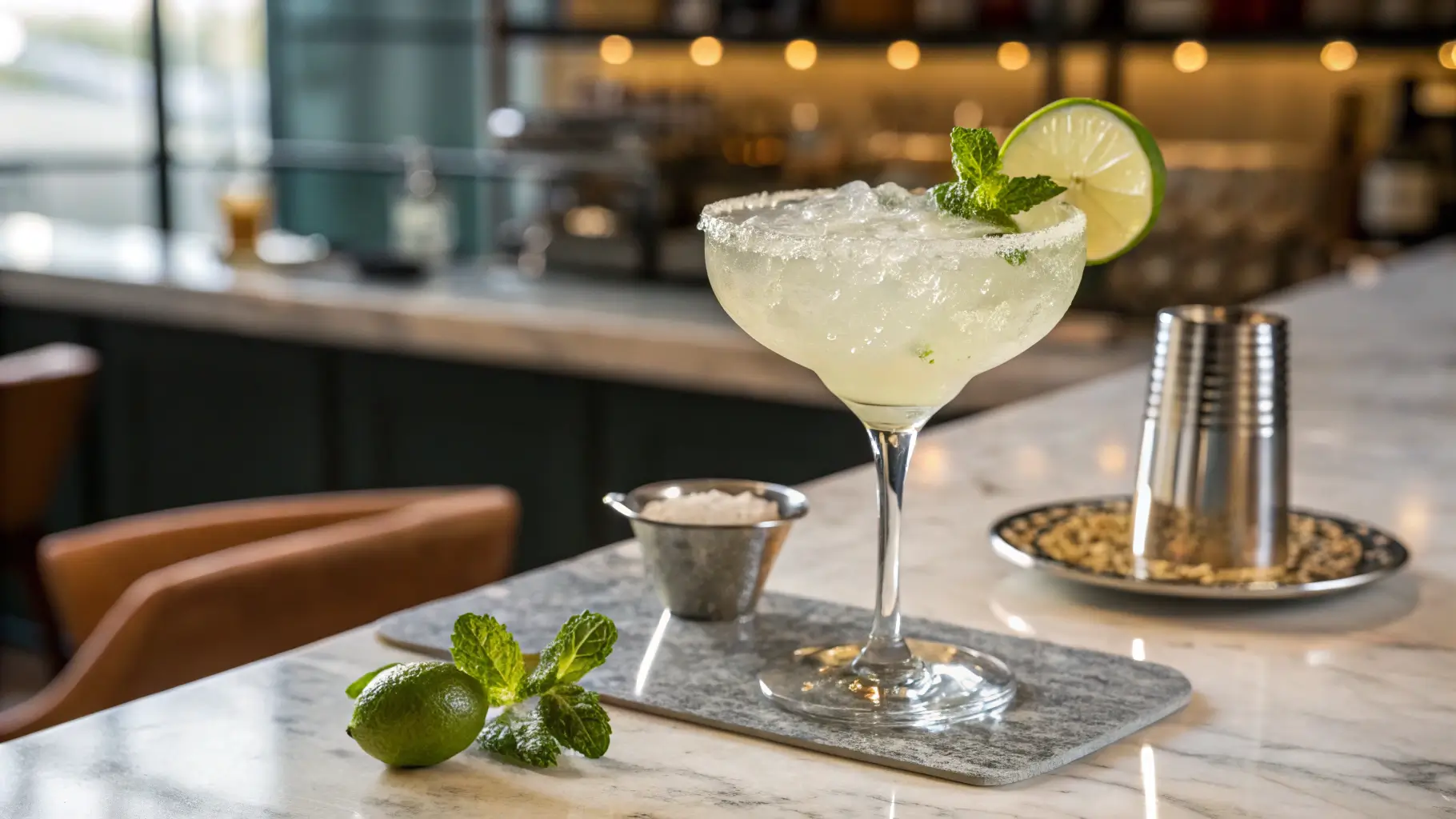 A perfectly served Margarita cocktail with lime and mint garnish in a modern kitchen with soft lighting and elegant bar decor.