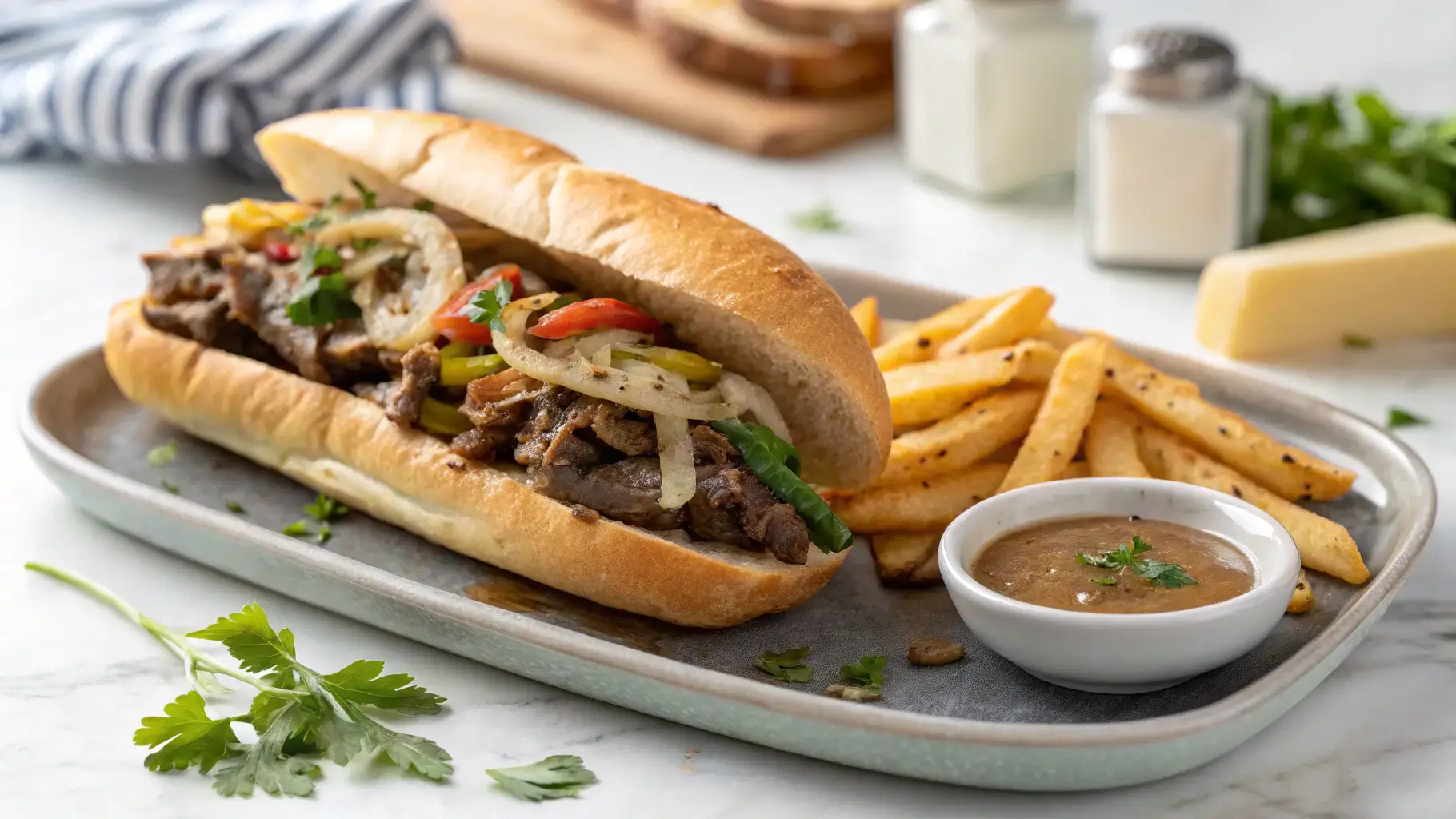 A fully plated Philly Cheesesteak Sandwich with melted cheese, steak, peppers, and onions, served with fries in a modern kitchen.