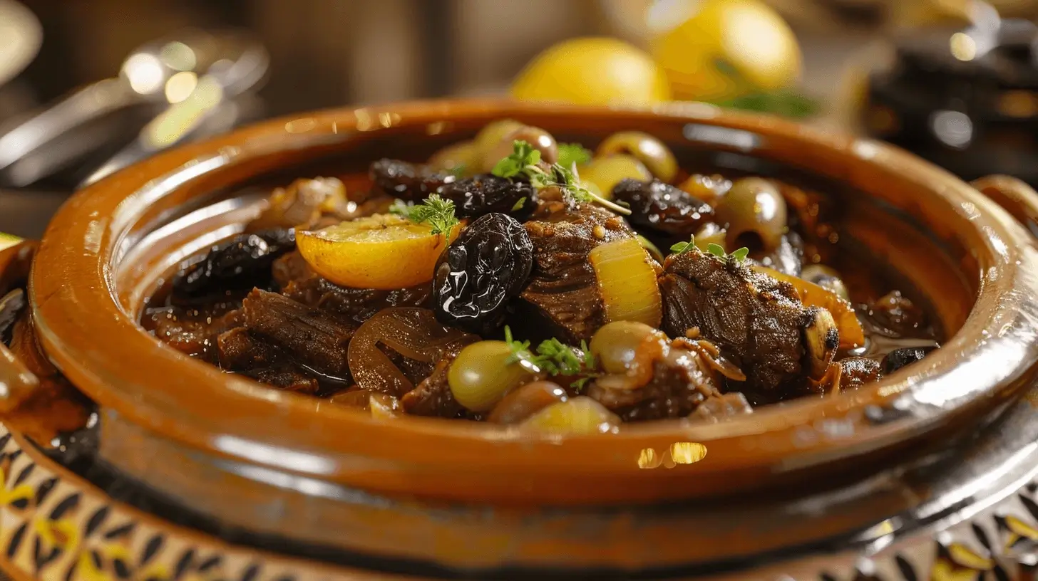 Final Moroccan lamb tagine dish served in a clay pot, garnished with herbs and almonds, with couscous and bread, in a modern kitchen setting.