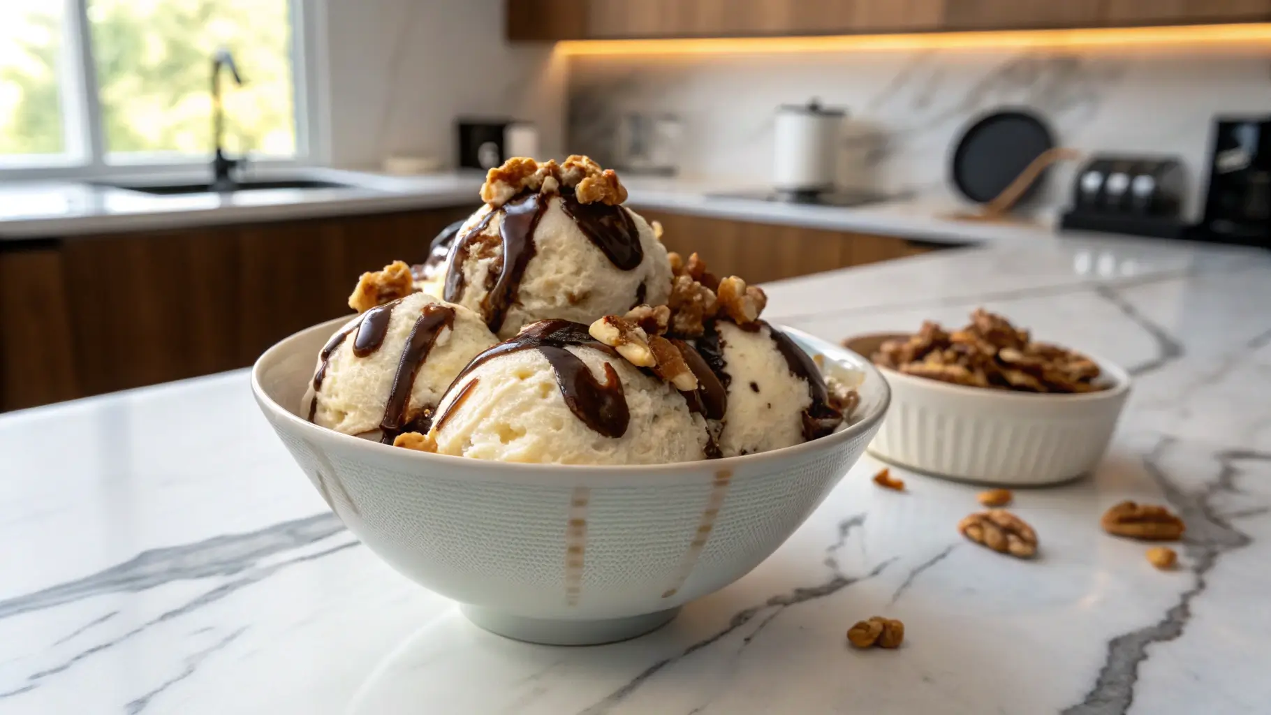 A bowl of Walnut Whirl Ice Cream in a modern kitchen, topped with walnuts and chocolate fudge.