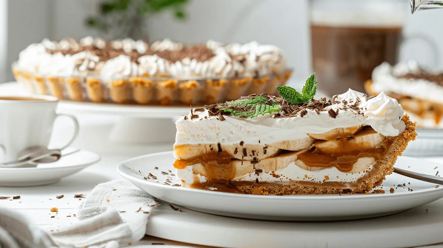 A plated slice of Banoffee Pie in a modern kitchen, showing layers of crust, caramel, bananas, whipped cream, and chocolate.