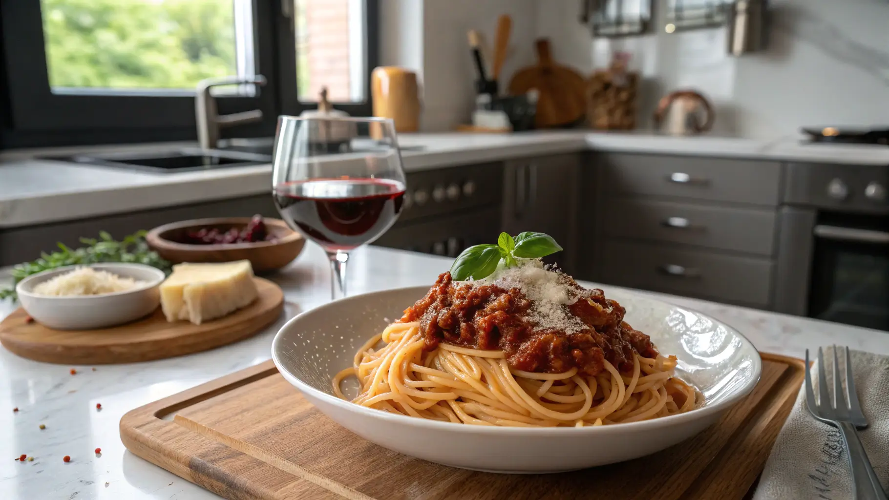 A final plated Spaghetti Bolognese dish in a modern kitchen, topped with cheese and basil, served with wine.
