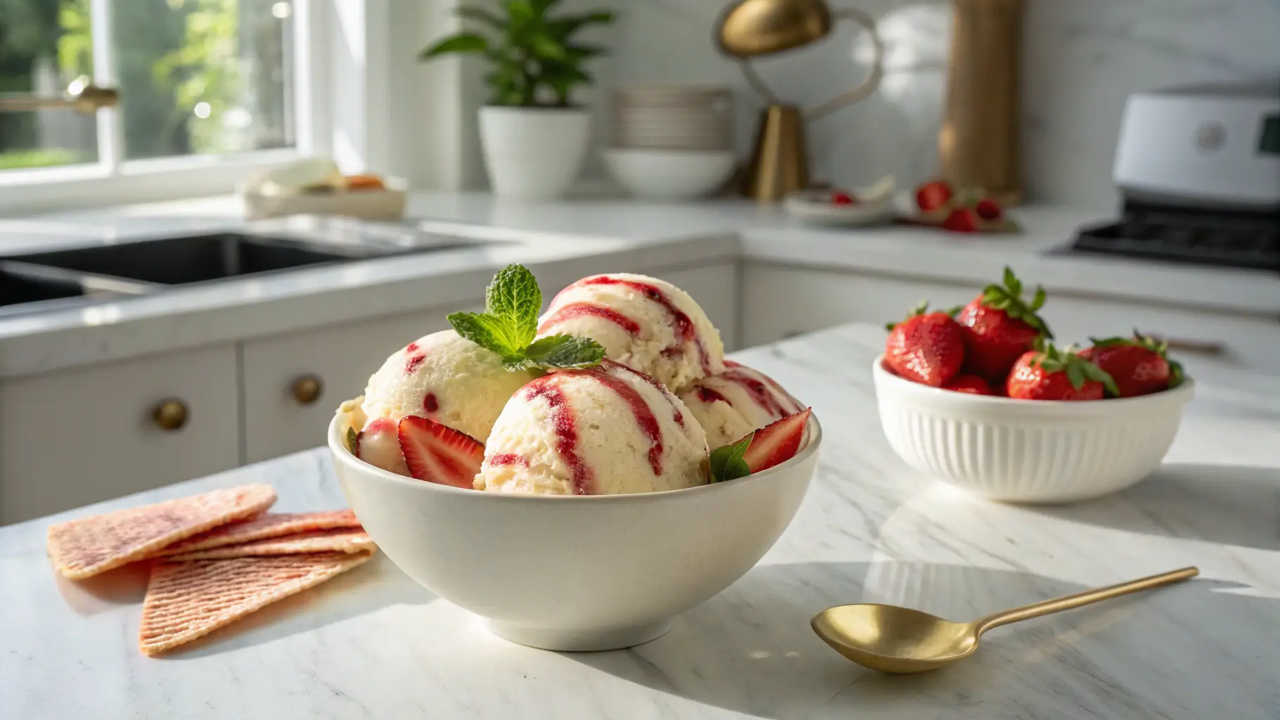 Scoops of strawberry swirl ice cream served in a bowl with fresh strawberries and mint, on a counter in a modern kitchen.