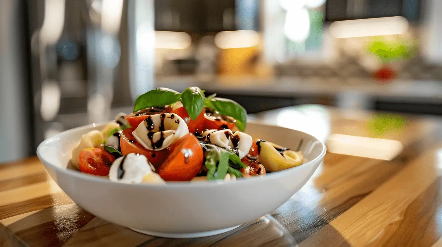 A plated Tortellini Caprese Salad with basil, cherry tomatoes, mozzarella, and balsamic glaze in a modern kitchen setting.