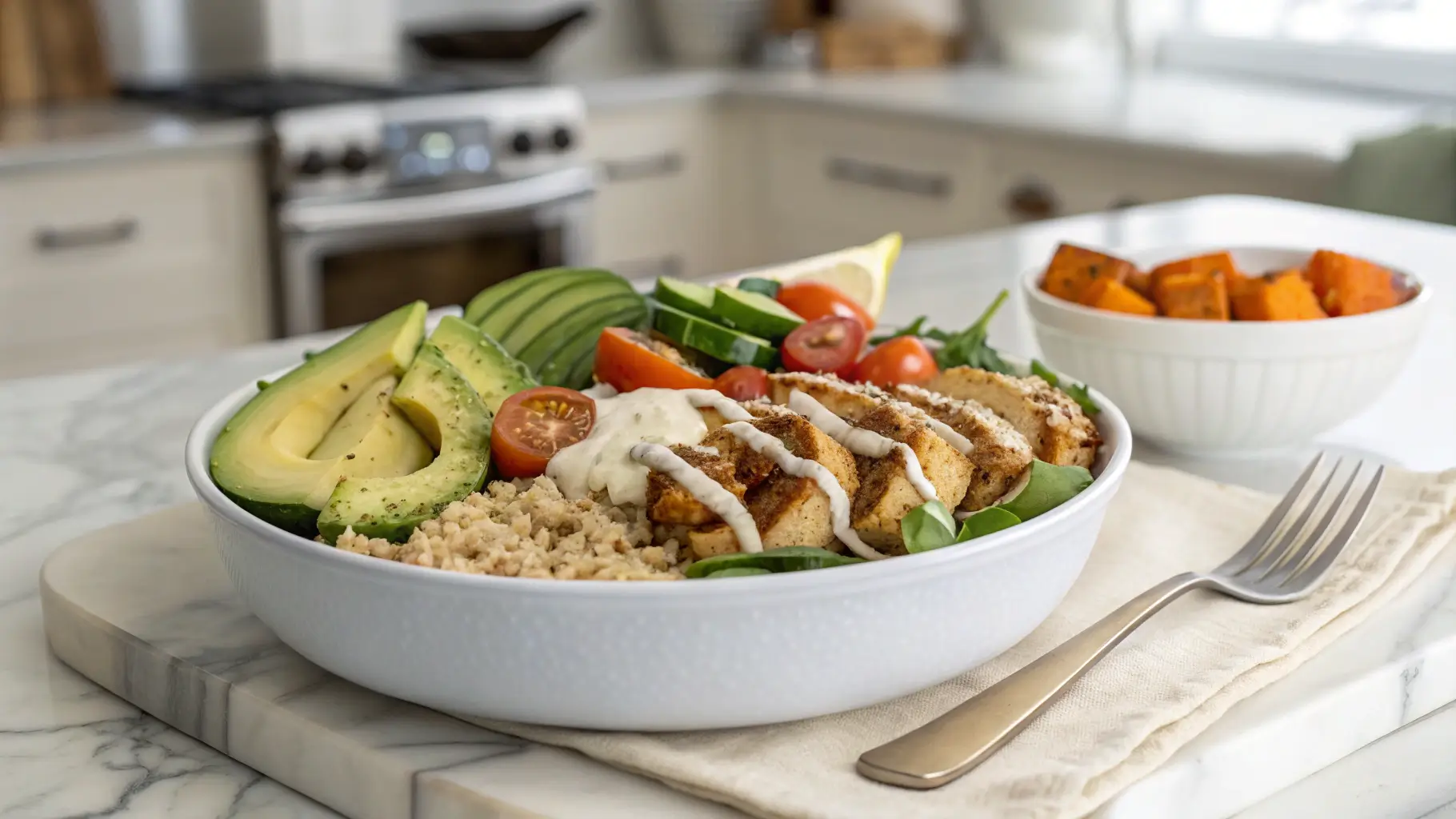 A fully plated Chicken and Quinoa Power Bowl in a modern kitchen, featuring colorful vegetables, chicken, and creamy dressing.