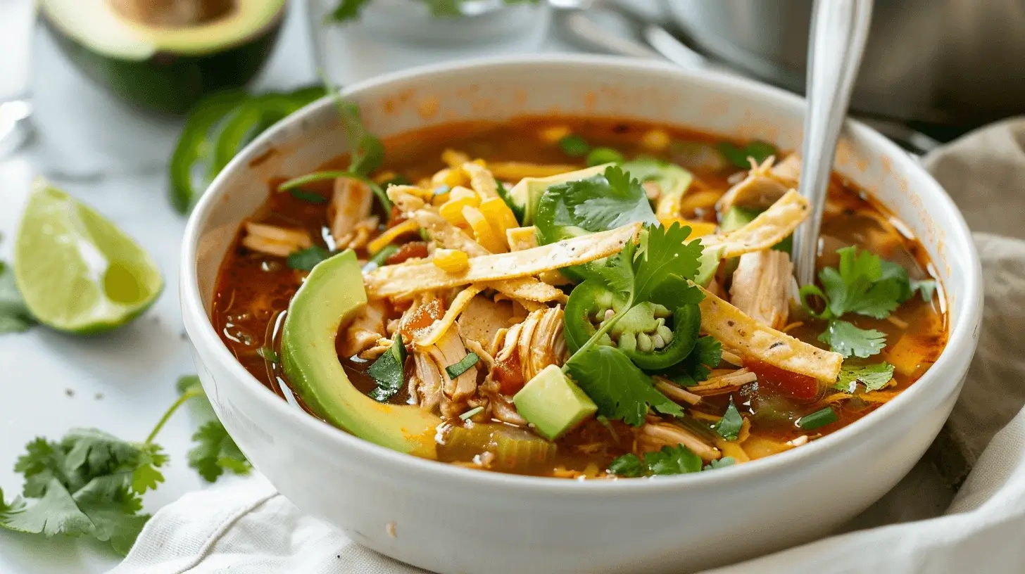 A bowl of garnished Mexican Chicken Soup with avocado, lime, tortilla strips, and jalapeños, served on a modern kitchen countertop.
