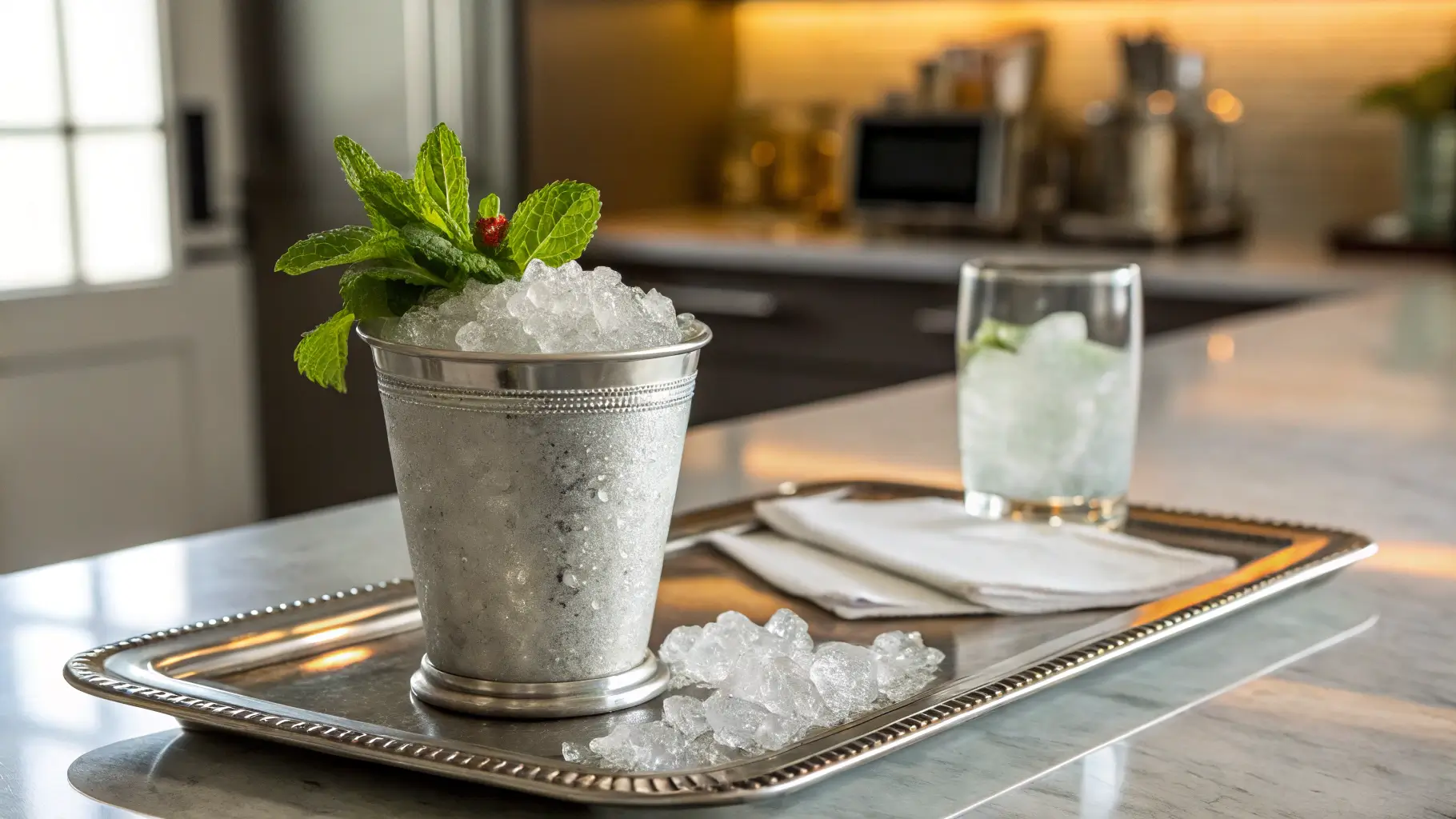 A finished Mint Julep in a silver cup with crushed ice and mint garnish, placed on a tray in a modern kitchen.