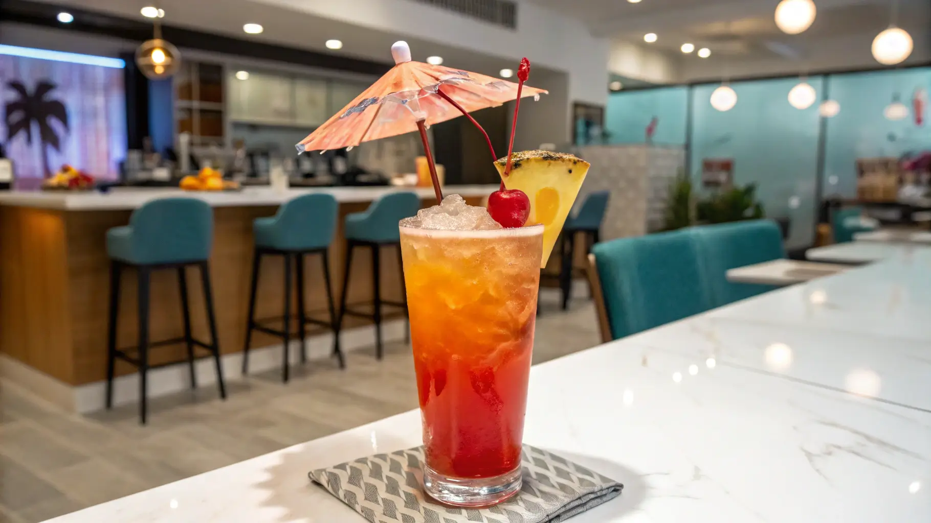 A vibrant Rum Punch cocktail served with fruit garnish and a paper umbrella in a modern kitchen setting with elegant decor.