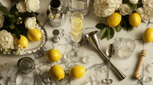 Top-down view of French 75 cocktail ingredients including gin, lemon, simple syrup, champagne, a shaker, and bar tools arranged on a marble surface.