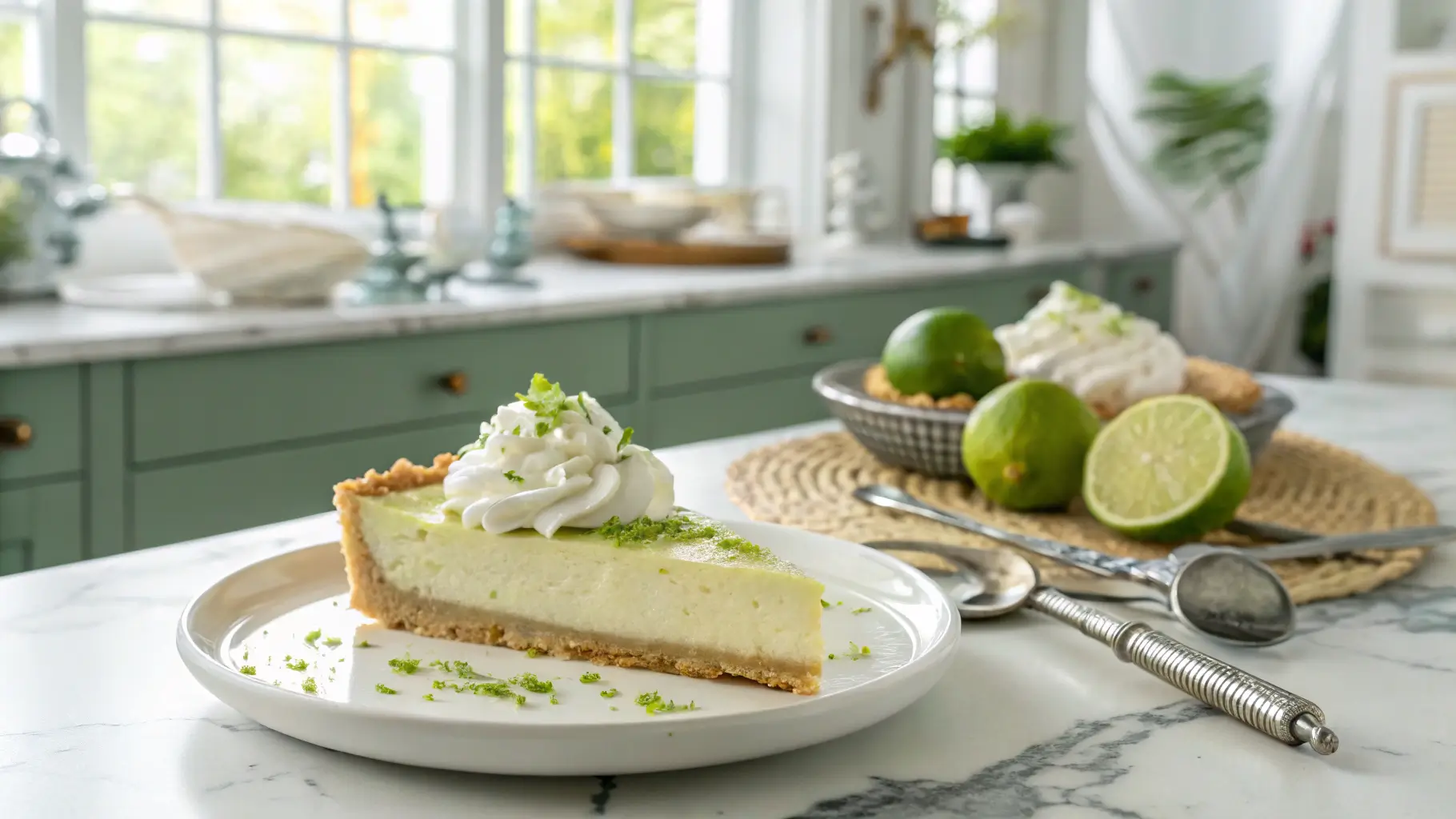 A slice of Key Lime Pie topped with whipped cream and lime zest on a plate, with the full pie in a modern kitchen background.