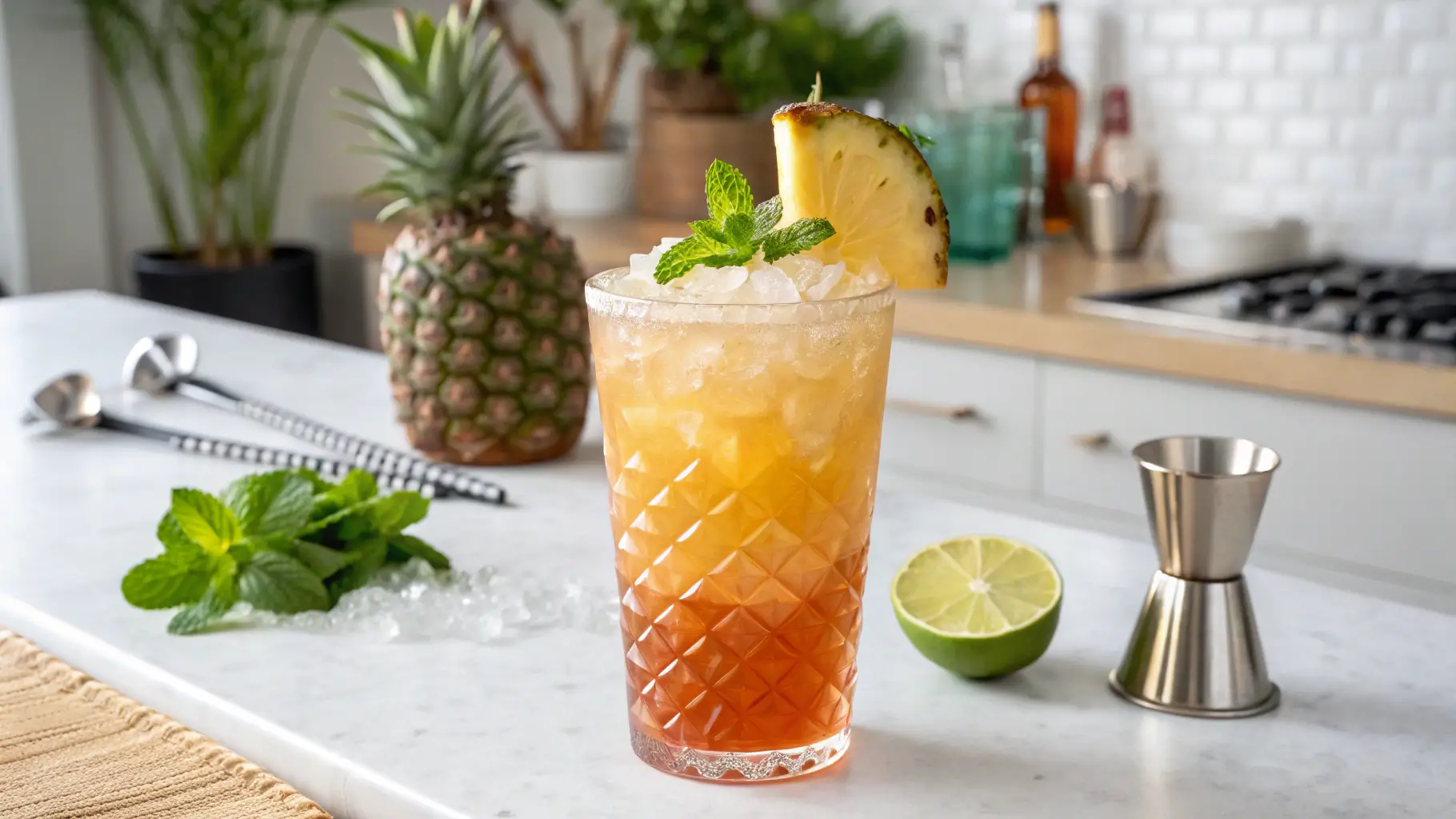 A finished Mai Tai cocktail served in a frosted Tiki glass with garnishes, set in a modern kitchen with tropical decor elements.