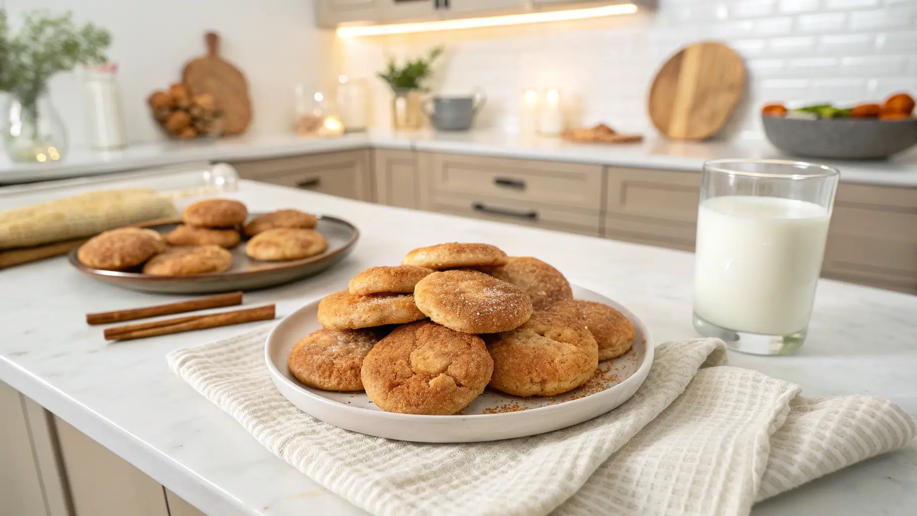 Golden brown Snickerdoodle cookies on a plate, dusted with cinnamon sugar, in a modern kitchen with warm lighting.