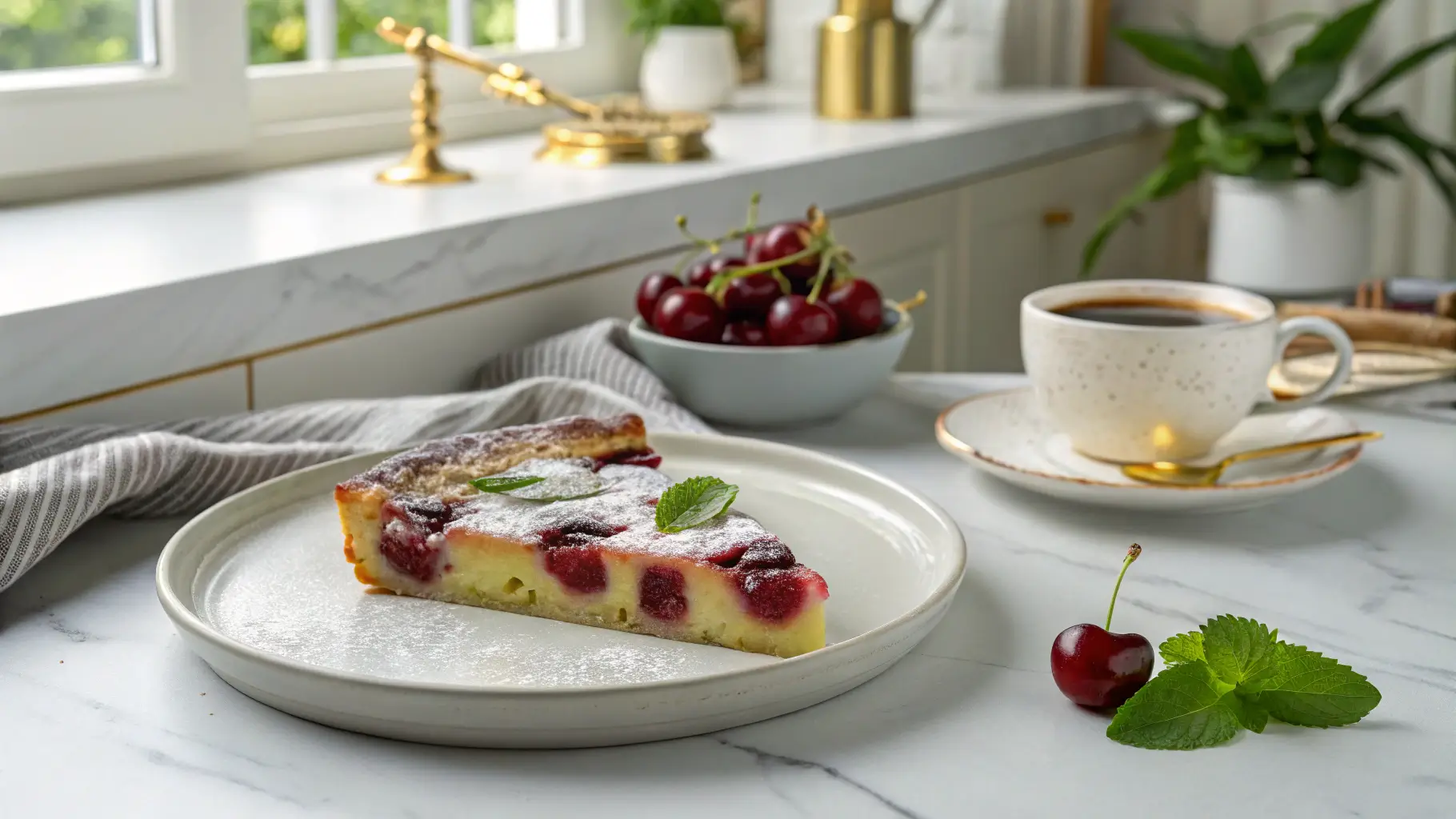 A plated slice of Cherry Clafoutis dusted with powdered sugar, served with fresh cherries and mint, with a coffee cup in a modern kitchen setting.