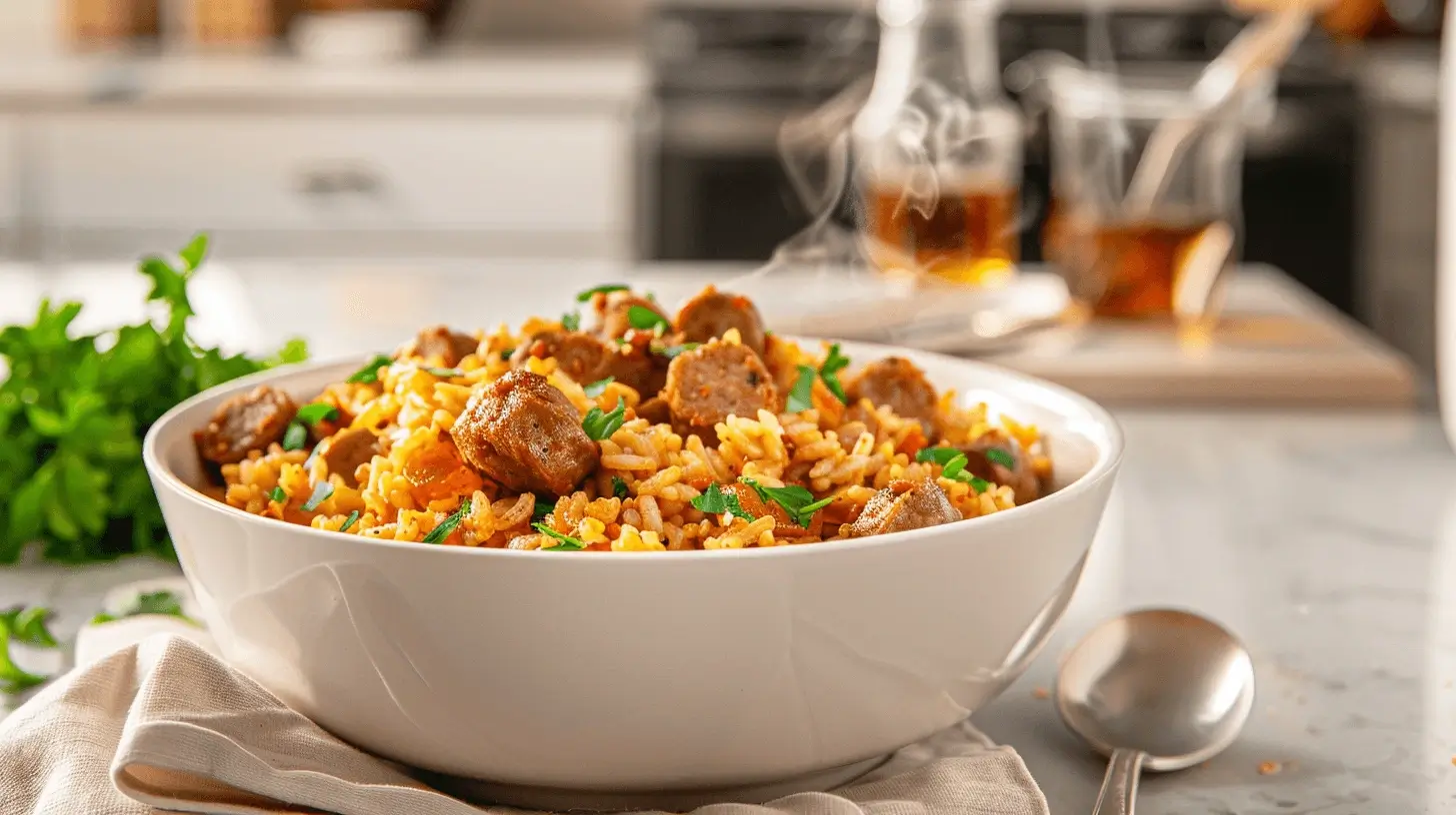A steaming bowl of Cajun sausage rice garnished with parsley, served in a modern kitchen with bright lighting.