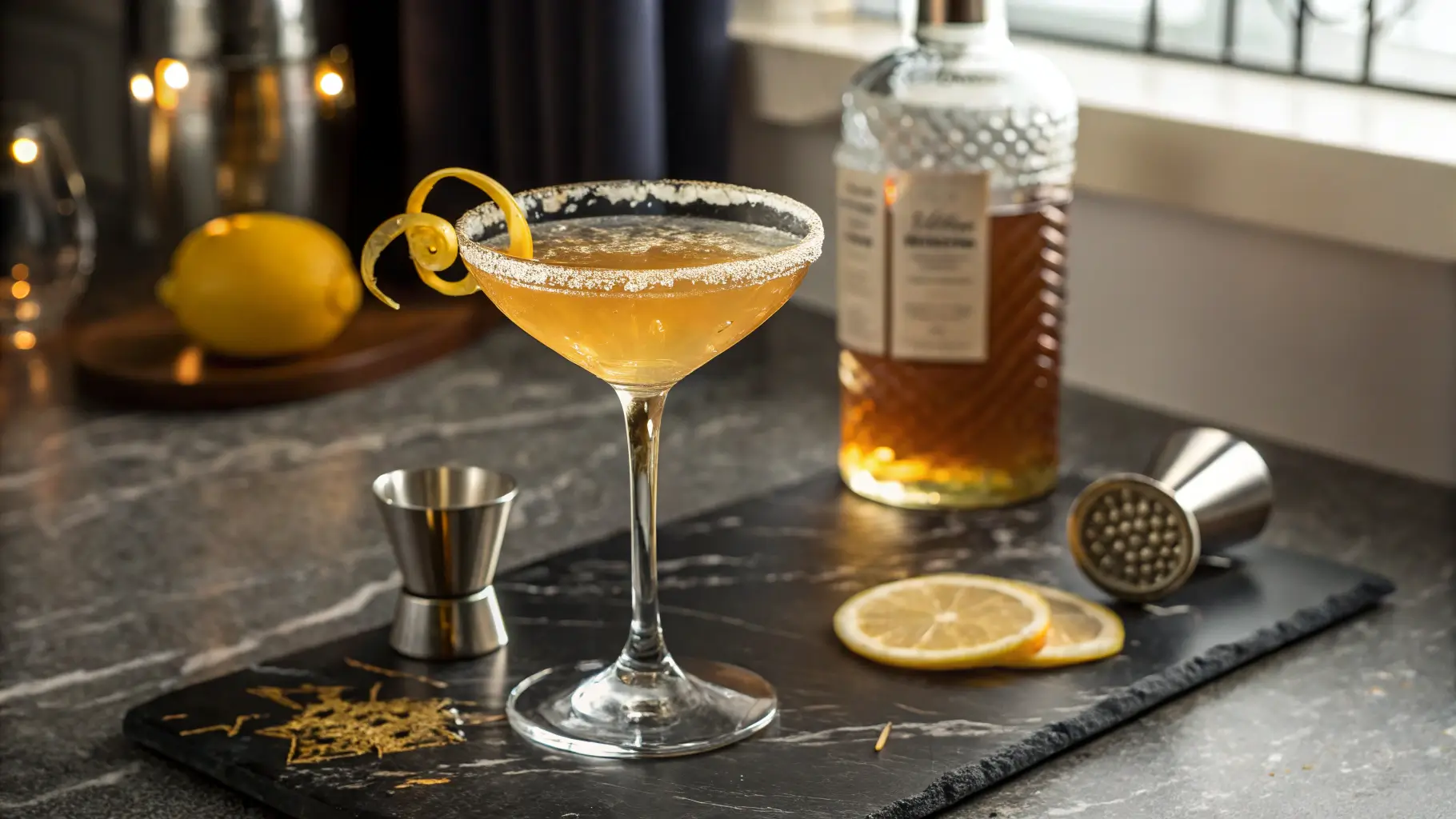 A golden Sidecar cocktail in a sugar-rimmed coupe glass with a lemon twist, placed on a black marble counter in a modern kitchen.