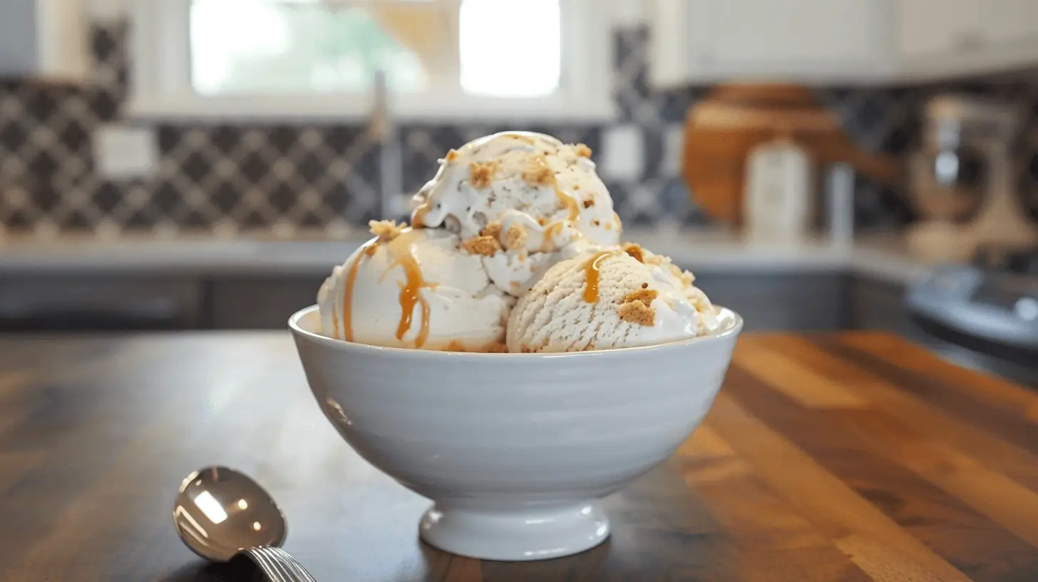 Scoops of vanilla ice cream in a bowl topped with whipped cream, caramel drizzle, and crushed wafers, placed on a wooden counter in a modern kitchen.
