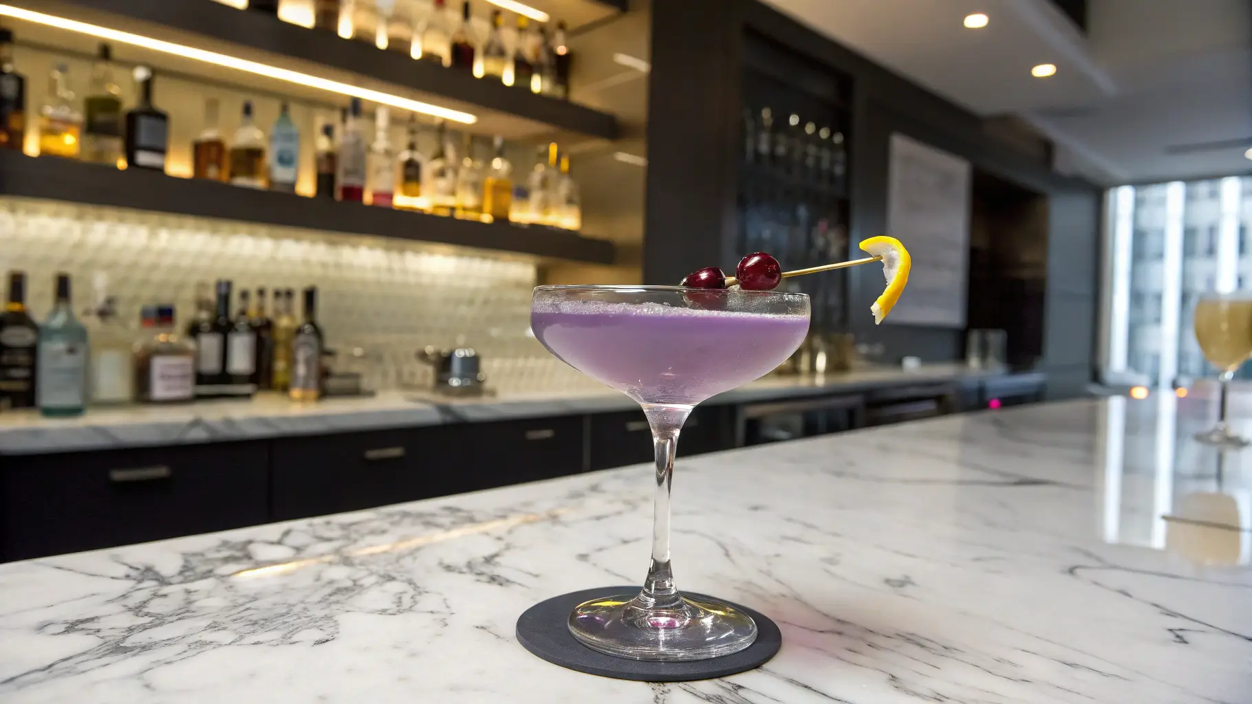 A glowing violet Aviation Cocktail in a coupe glass, garnished and set on a marble counter in a modern kitchen bar.