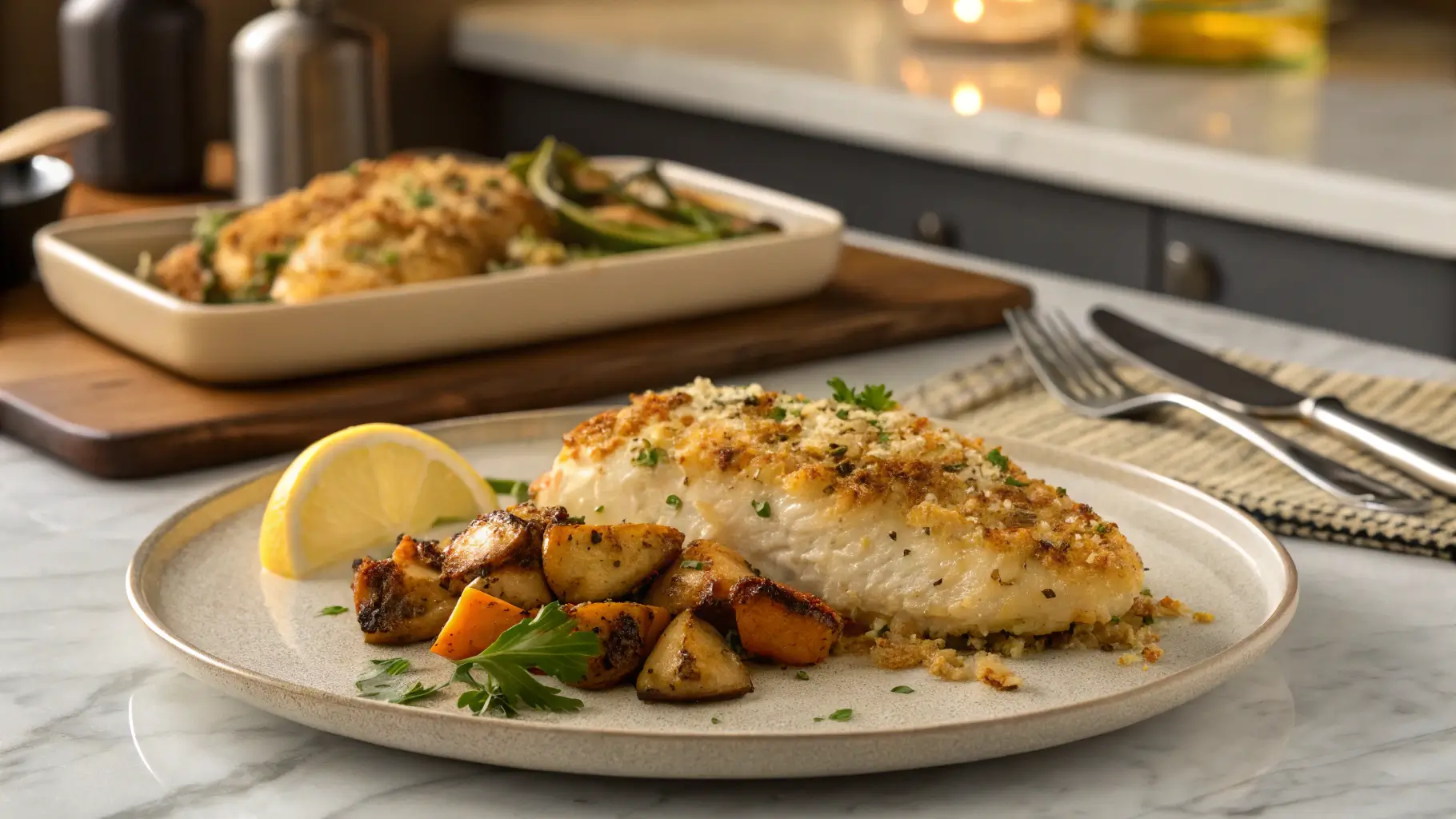 Plated Baked Garlic Parmesan Chicken with golden crust, served with roasted vegetables and lemon in a modern kitchen setting.