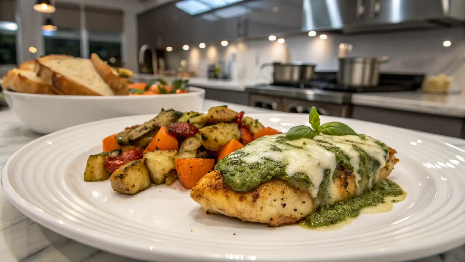 Baked Pesto Chicken plated with roasted vegetables and garnished with basil and parmesan, in a modern kitchen.