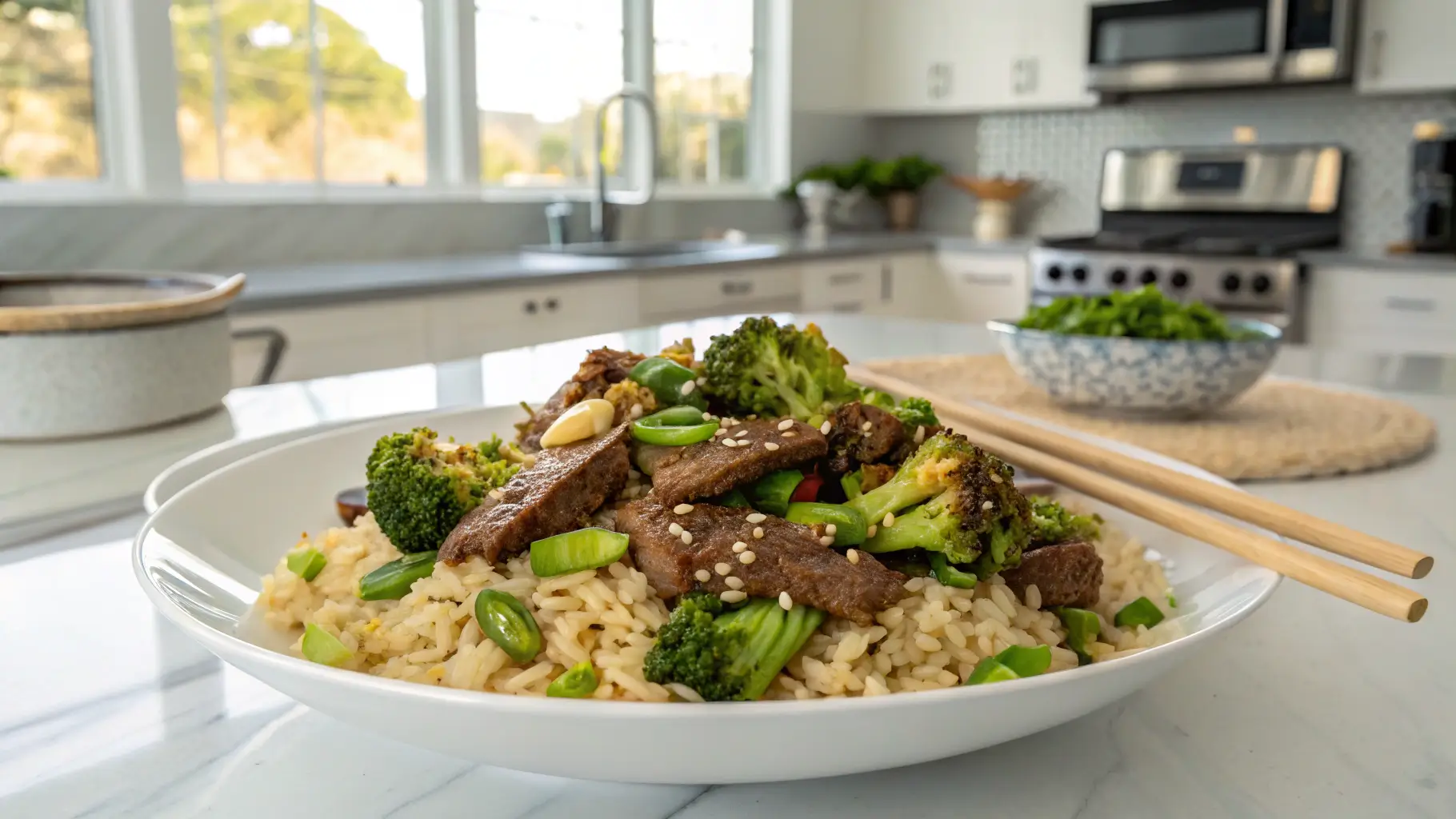 Beef and Broccoli Fried Rice plated on a white plate with chopsticks, in a modern kitchen setting with stainless steel appliances.