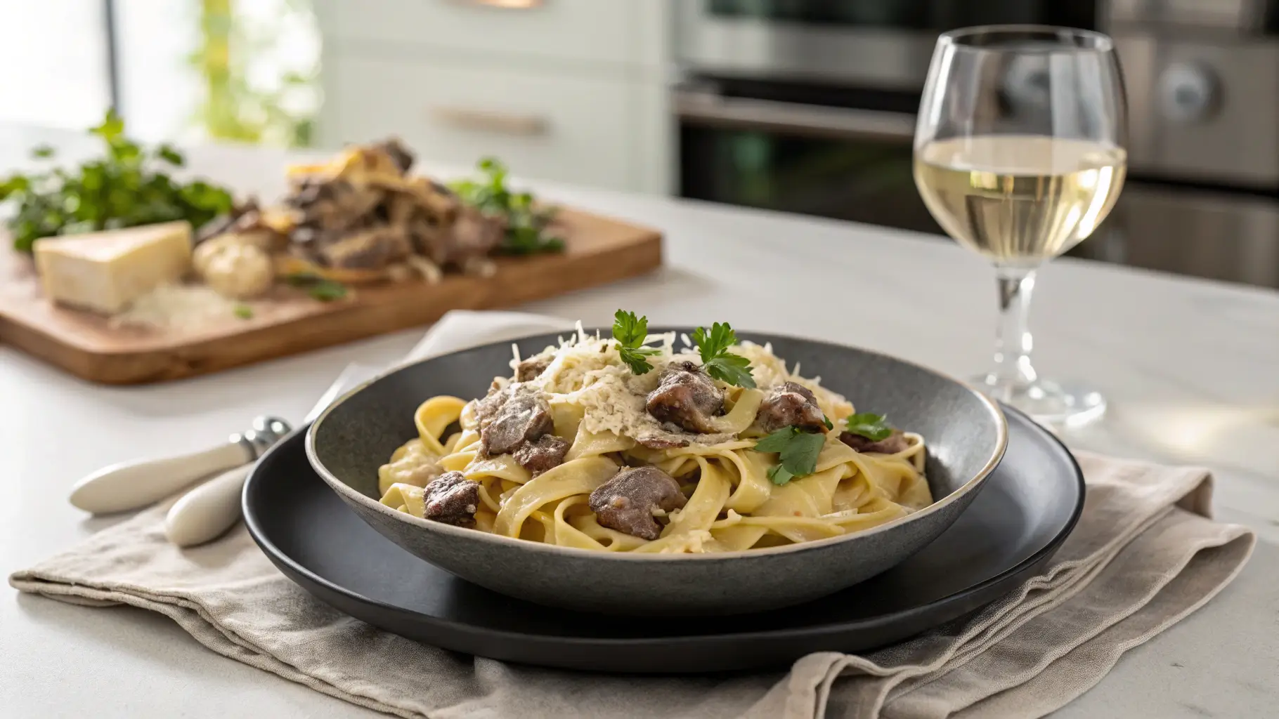 A plated bowl of creamy beef and mushroom pasta topped with parsley and Parmesan, set on a modern kitchen countertop with a glass of white wine.