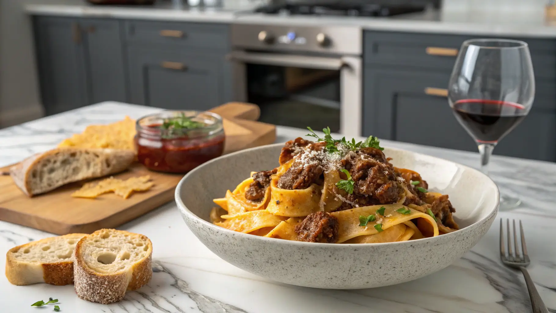 Plated Beef Ragu with Pappardelle in a modern kitchen, topped with cheese and herbs, served with wine and rustic bread.