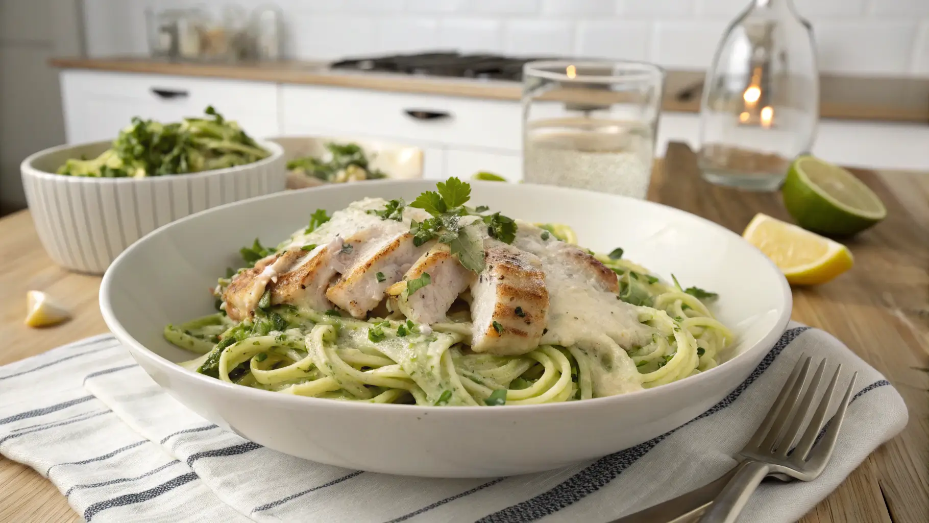 A modern kitchen setting with a bowl of plated Low-Carb Chicken Alfredo Zoodles, garnished with herbs and Parmesan.