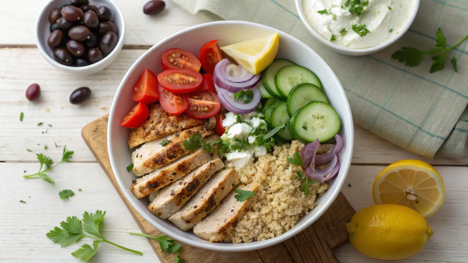 A completed Mediterranean Chicken Bowl with grilled chicken, quinoa, vegetables, and tzatziki, served on a modern kitchen island.