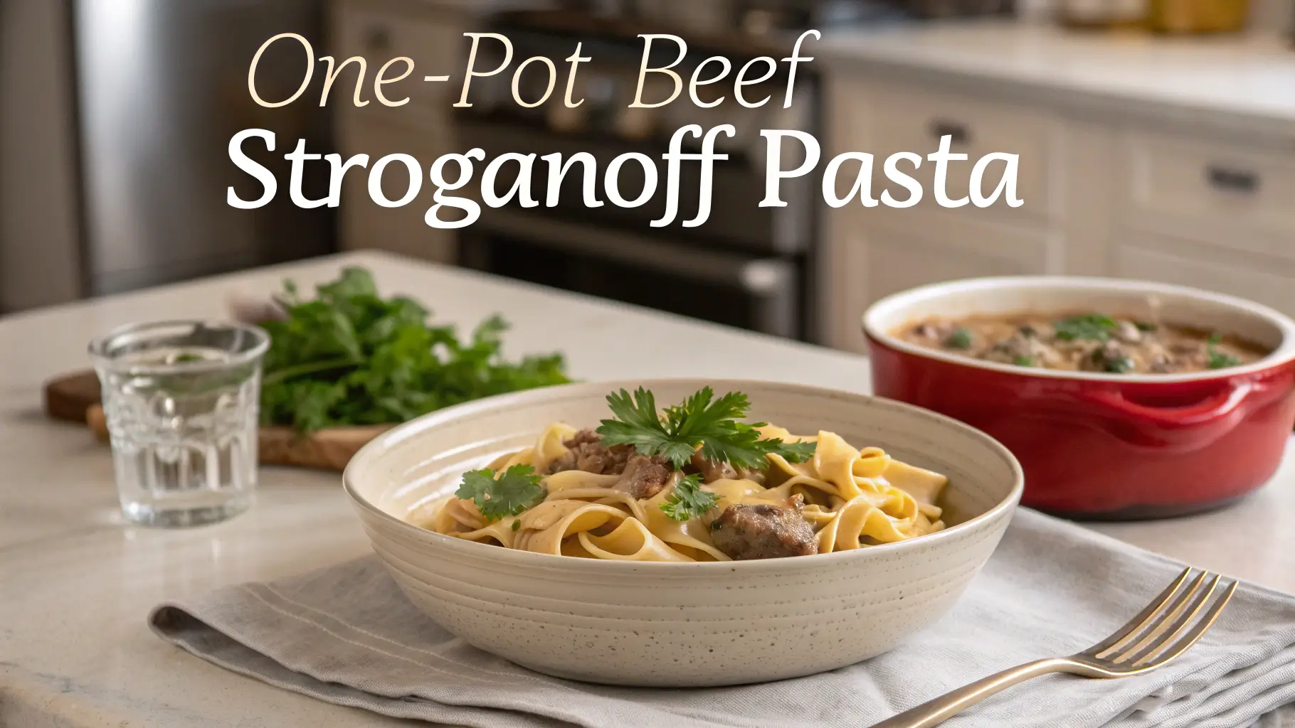 A steaming bowl of creamy One-Pot Beef Stroganoff Pasta garnished with parsley, served in a modern kitchen setting.