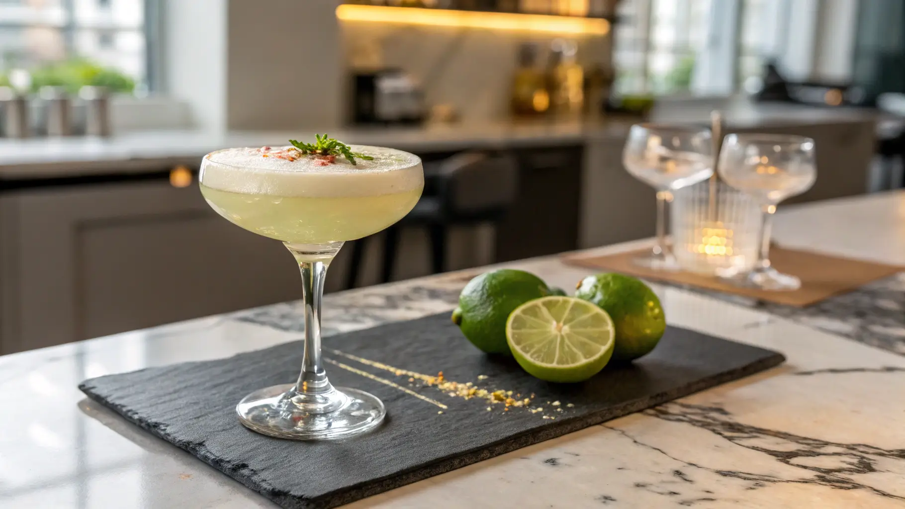 A Pisco Sour cocktail in a coupe glass garnished with lime zest and bitters, placed on a slate board with lime halves in a modern kitchen setting.