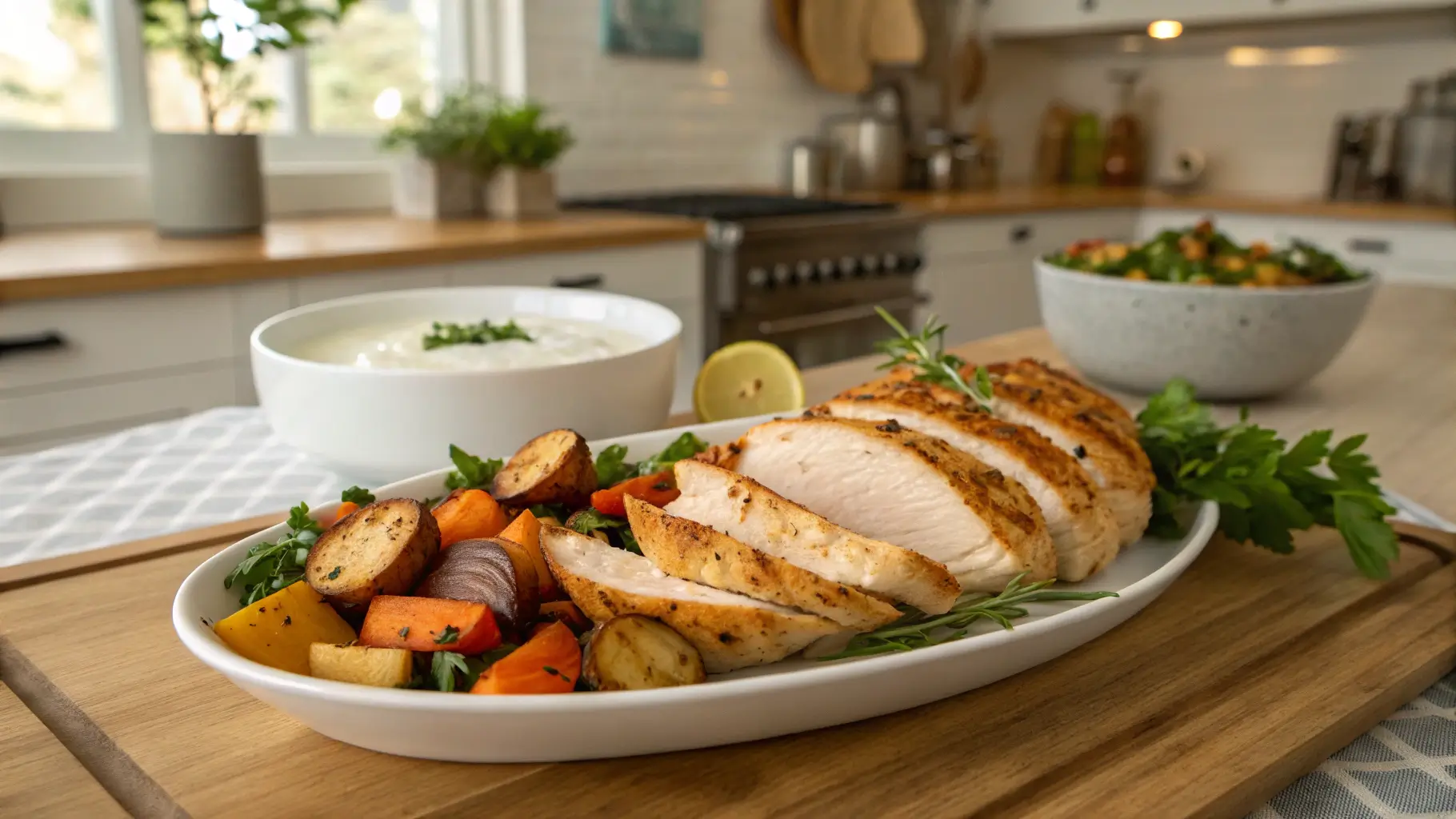 Sliced air fryer chicken breast served with veggies and yogurt sauce, plated in a sunlit modern kitchen.