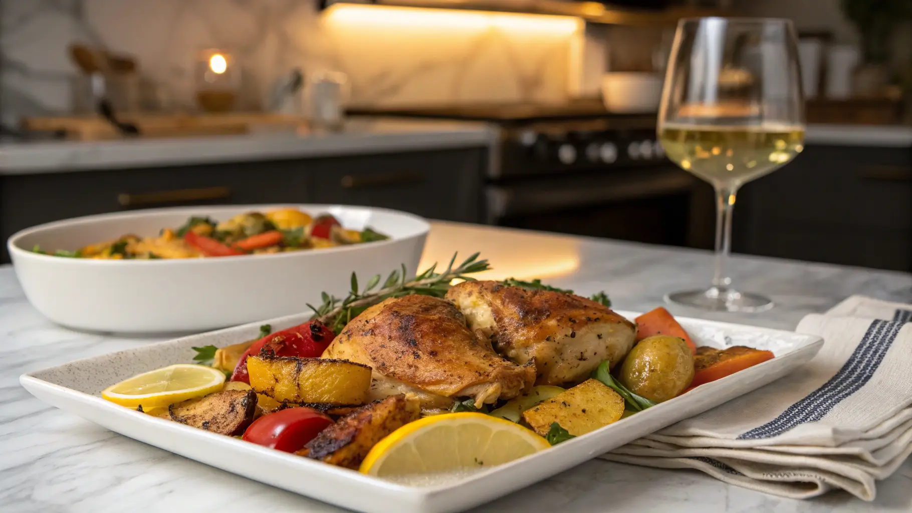 Plated Sheet Pan Lemon Chicken & Veggies with roasted chicken and colorful vegetables, garnished with fresh herbs, on a white plate in a modern kitchen setting.