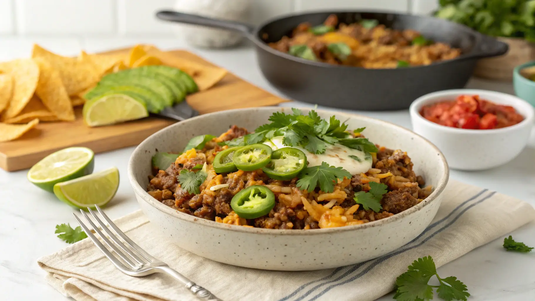 Plated Tex-Mex Beef and Rice Skillet with cheese, cilantro, jalapeños, and lime, served in a modern kitchen with chips and salsa.