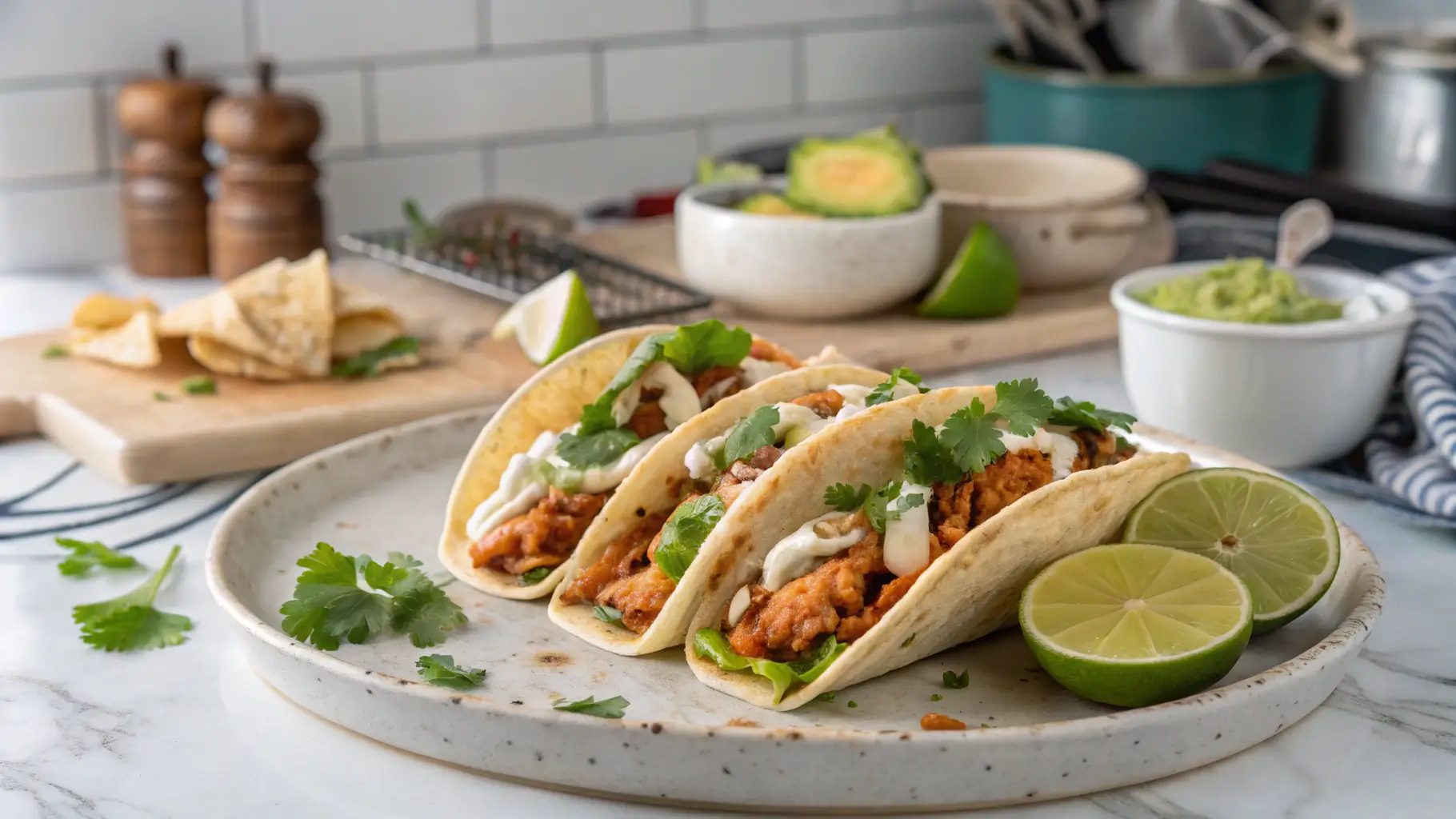 Final plated Zesty Lime Chicken Tacos served with lime wedges and crema in a modern kitchen with elegant lighting.