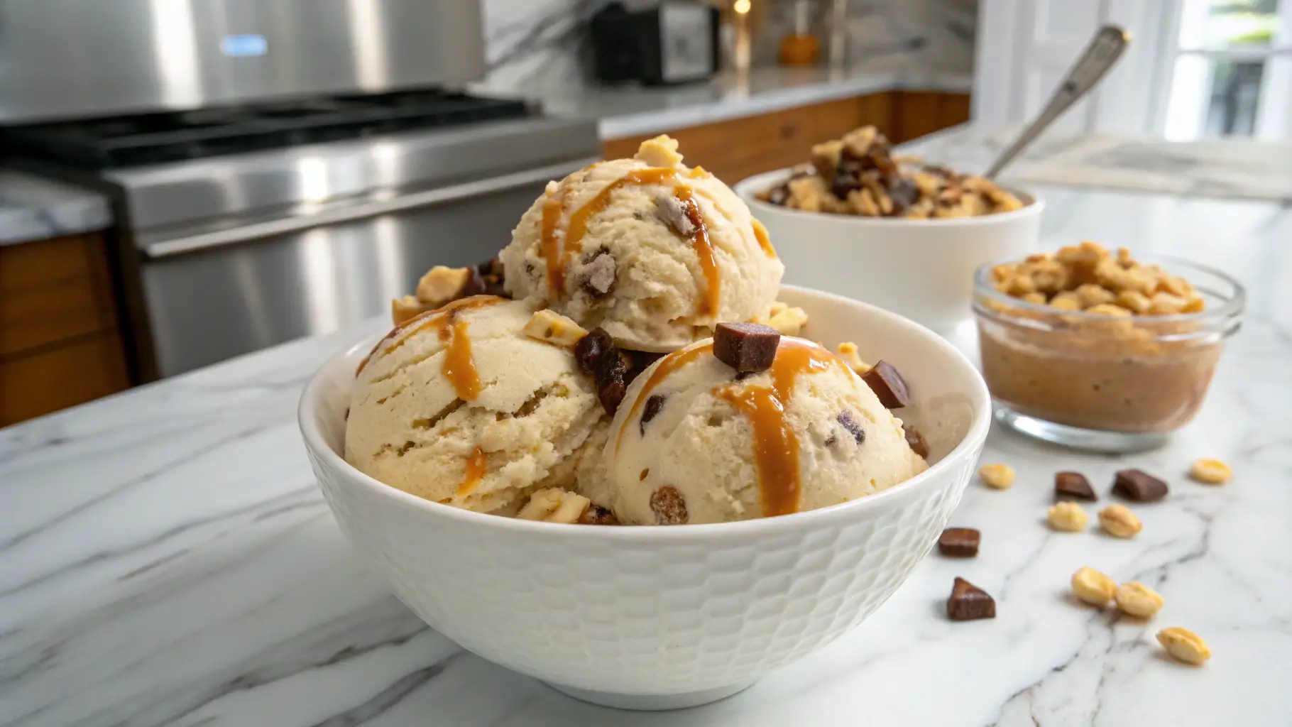 Scoops of Peanut Caramel Collision Ice Cream in a bowl, topped with caramel drizzle, served in a modern kitchen setting.
