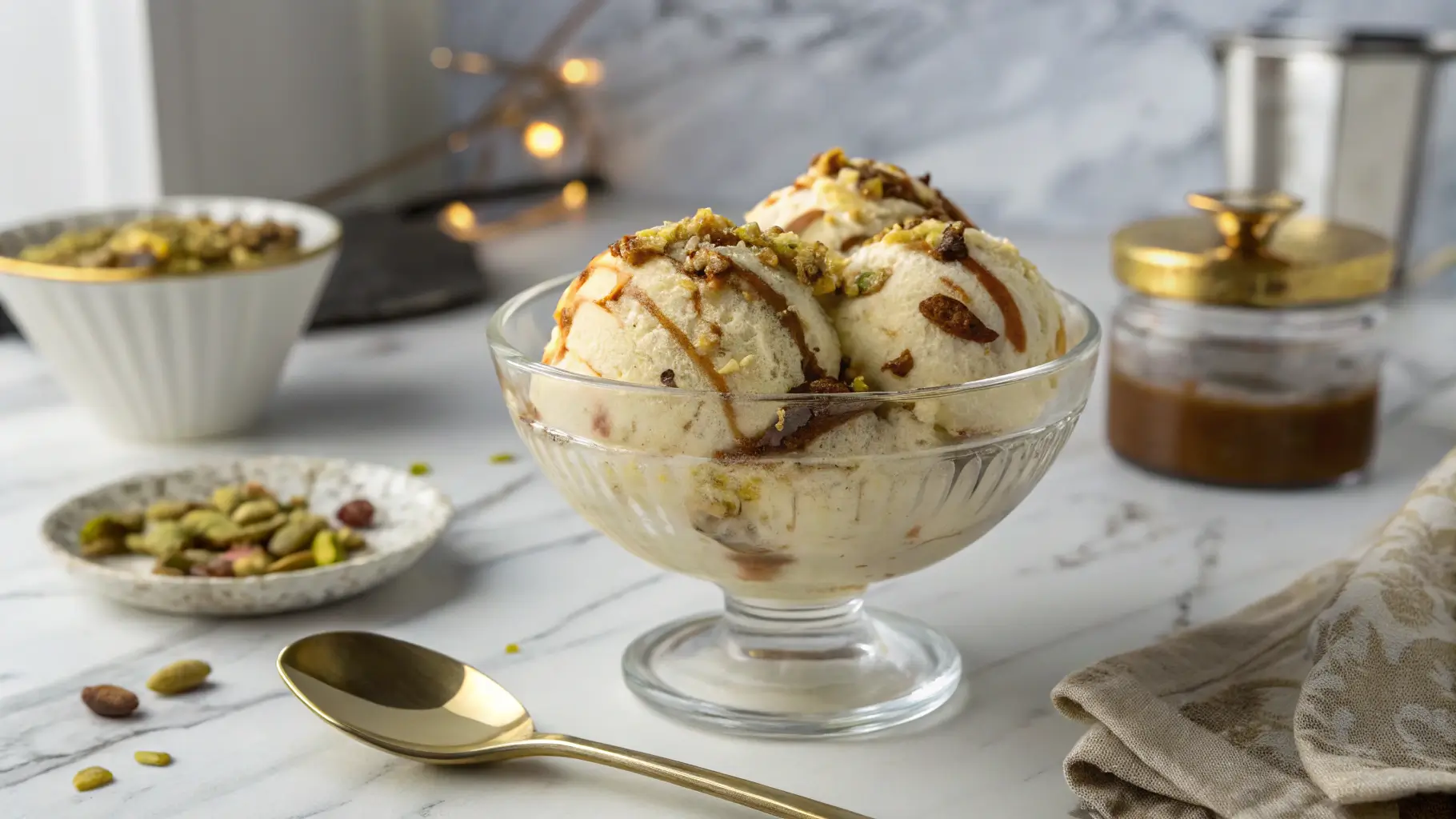 Scoop of marbled Tahini Swirl Ice Cream in a glass bowl, topped with halva, pistachios, and honey, served in a modern kitchen.