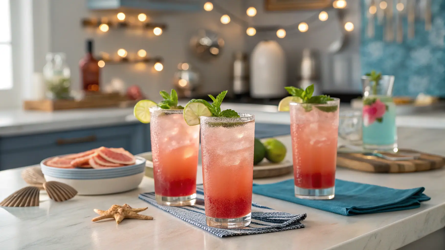 Five Sea Breeze cocktails with pink-to-orange gradient hues, garnished with lime and mint, on a modern kitchen island.