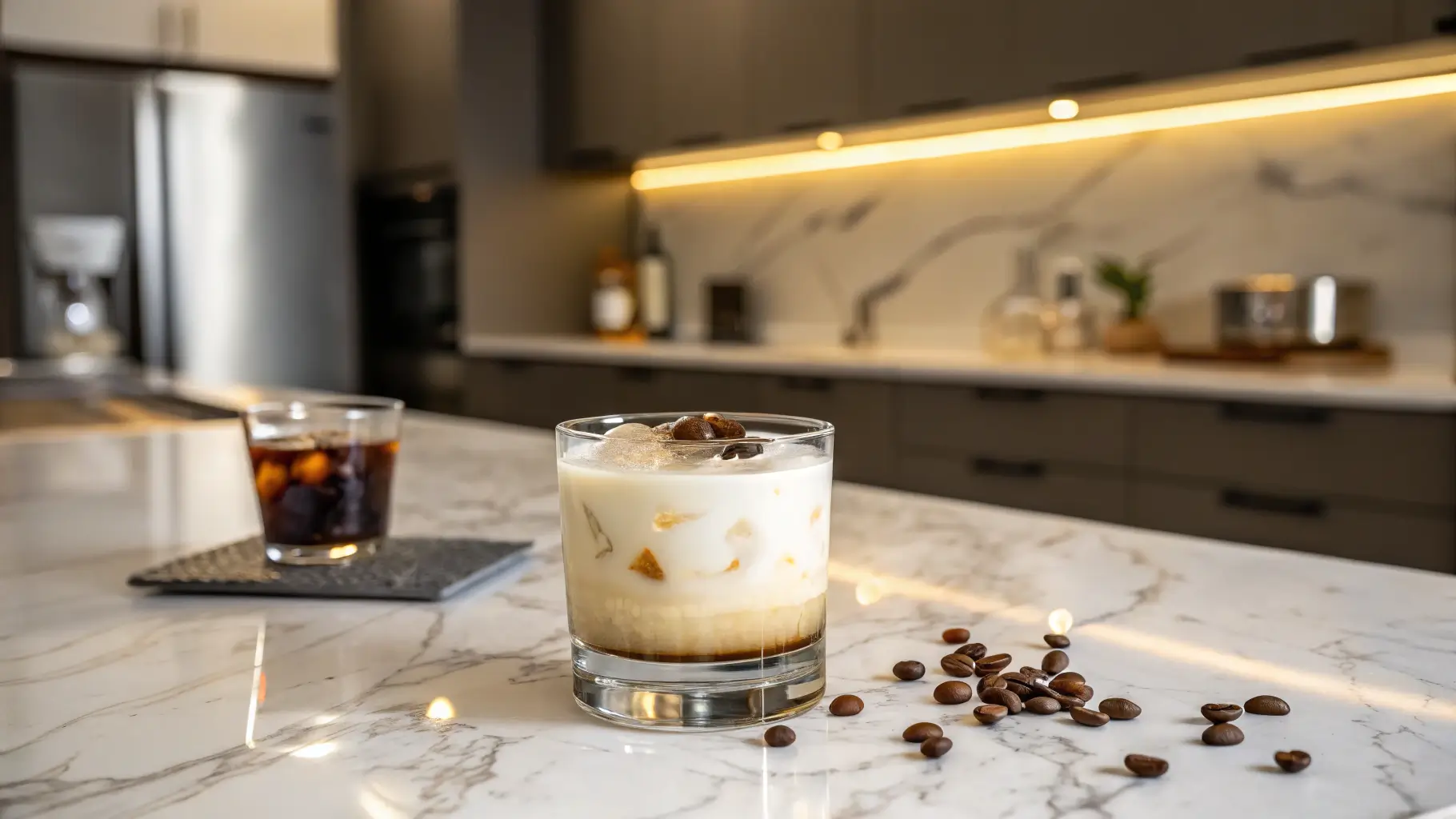 A beautifully presented White Russian cocktail on a marble counter in a modern kitchen, topped with cream and garnished with coffee beans.