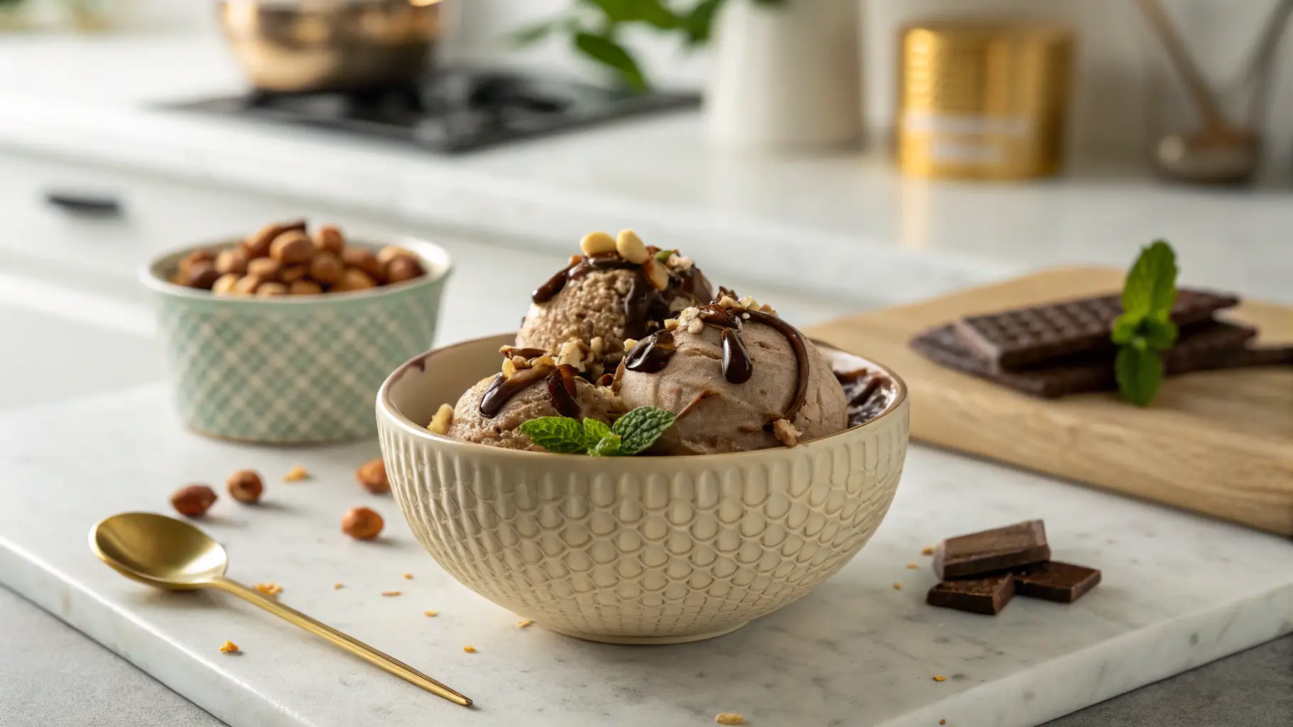 A bowl of Nutella ice cream topped with hazelnuts, chocolate curls, Nutella drizzle, and mint, set in a modern kitchen with soft lighting.
