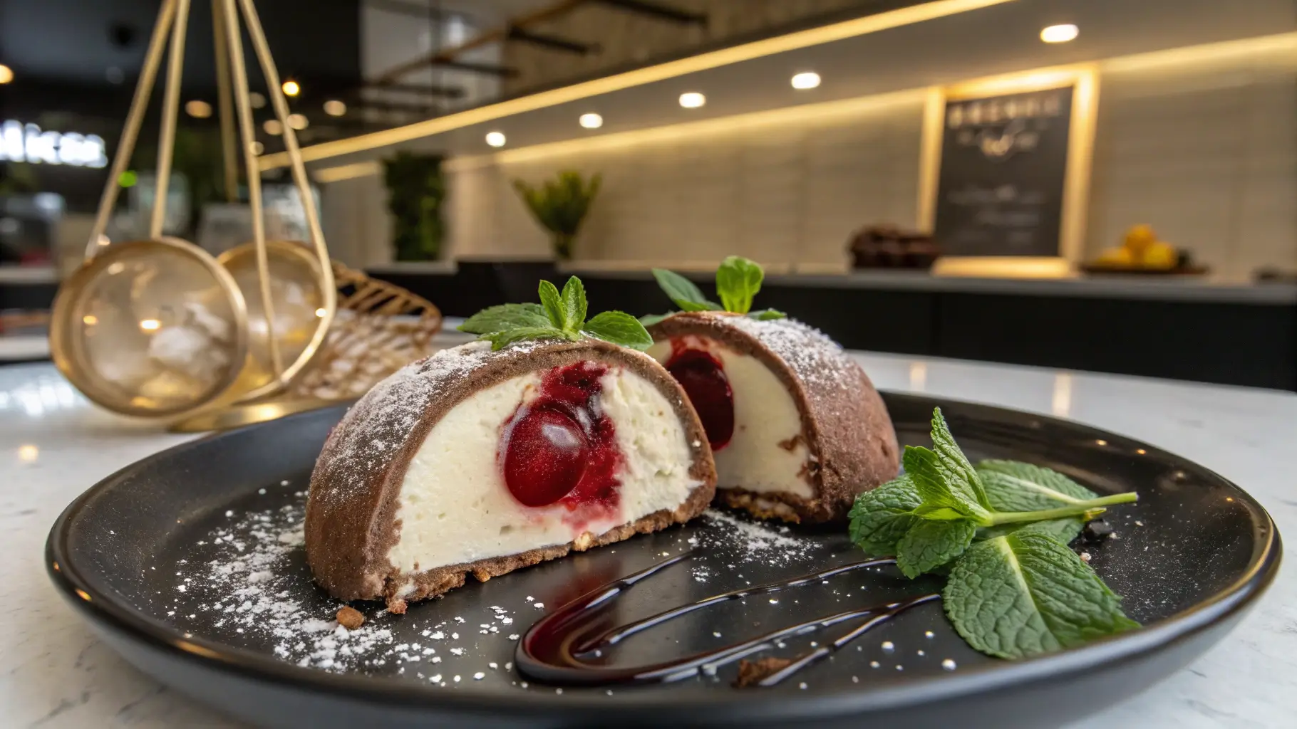 A plated Tartufo truffle cut open, revealing its cherry center and layered gelato, garnished with chocolate sauce and mint in a modern kitchen.