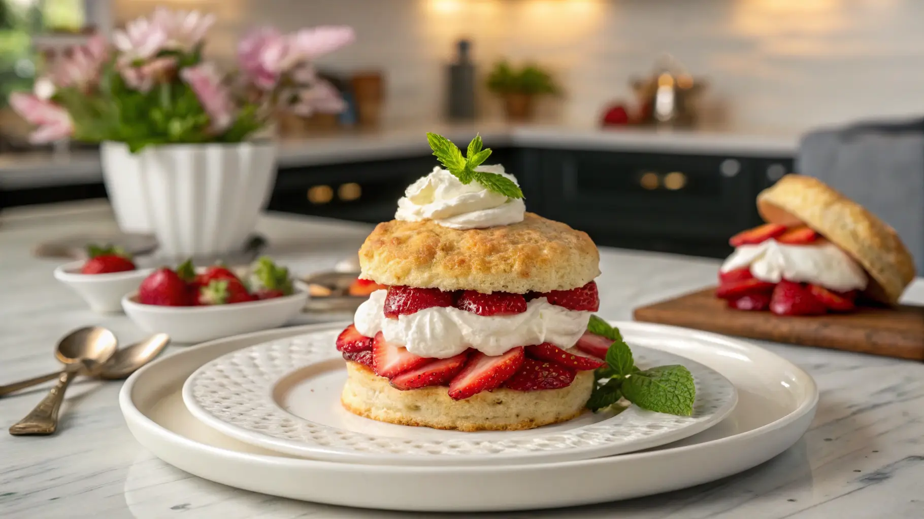 A plated strawberry shortcake with whipped cream and strawberries, beautifully presented in a modern kitchen setting.