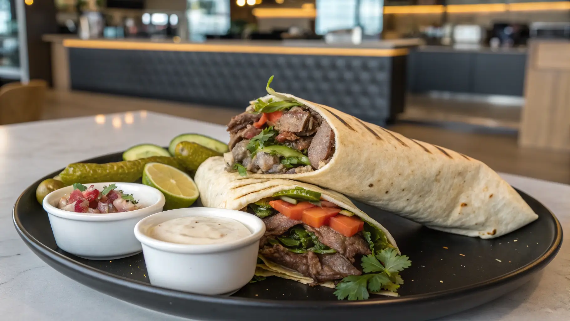 Plated Beef Shawarma Wrap cut in half with juicy beef, fresh vegetables, and garlic sauce, served with pickles and dipping sauces in a modern kitchen.