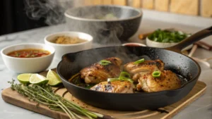 Vietnamese Lemongrass Chicken thighs sizzling in a skillet, golden brown with herbs and lime nearby.